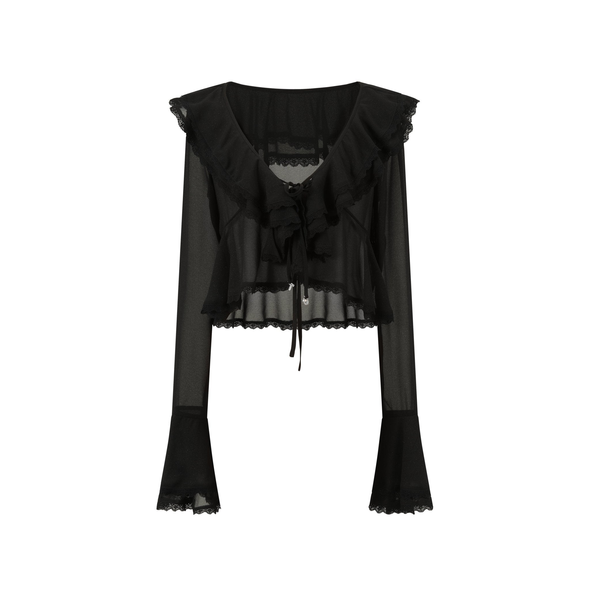 THREE QUARTERS Black Lace Lace Ruffle Neck Blouse | MADA IN CHINA