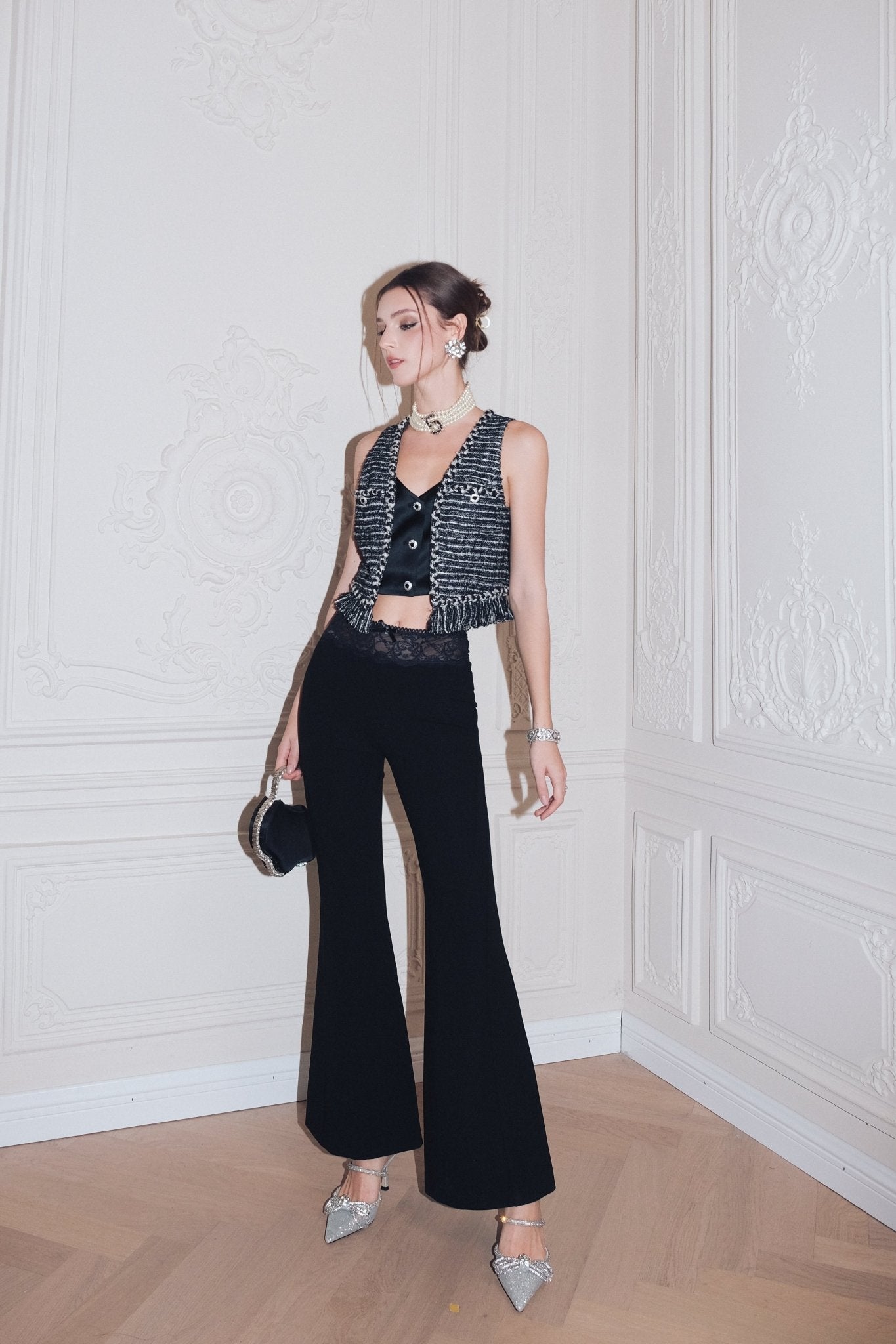 DIANA VEVINA Black Lace Patchwork Flared Pants | MADA IN CHINA