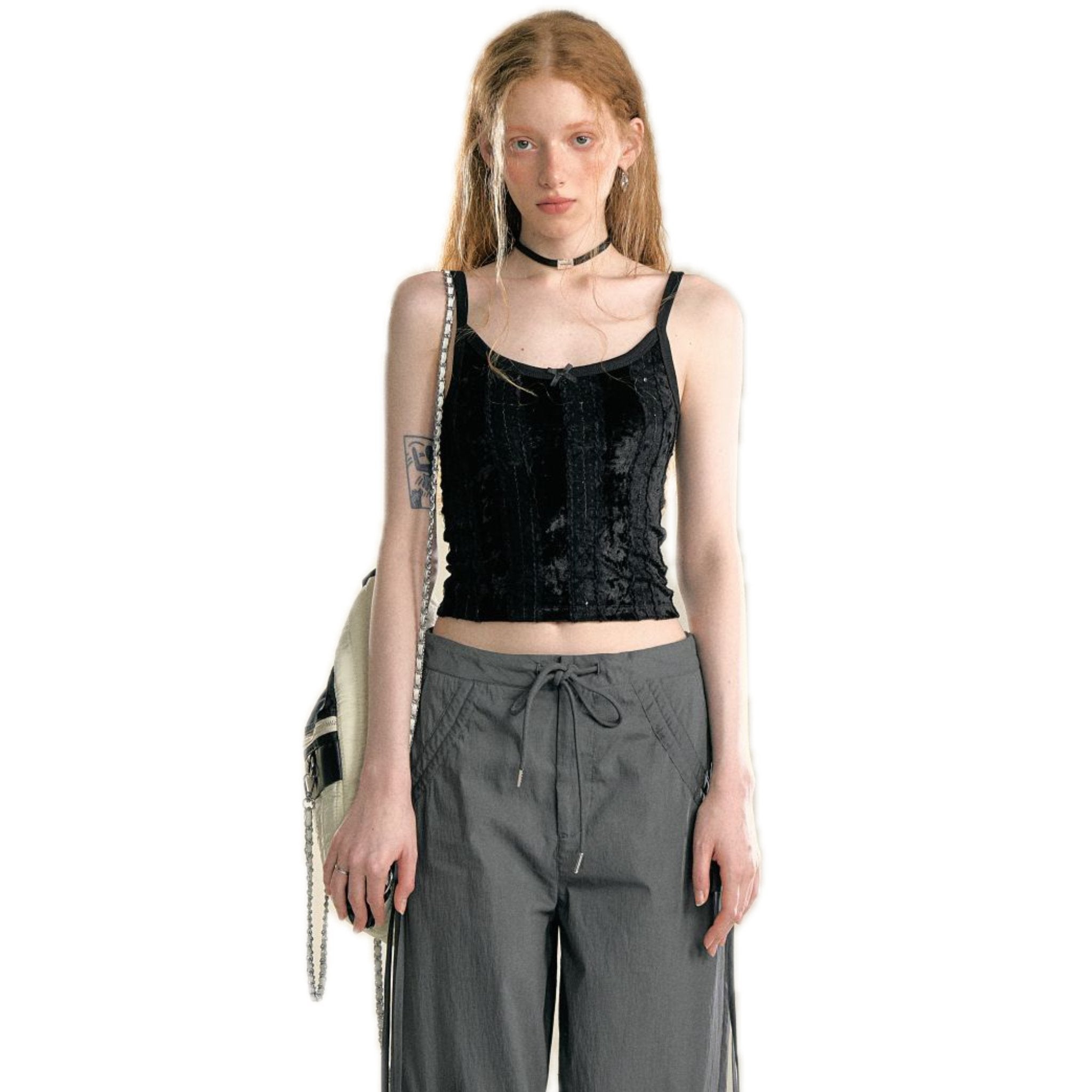 SOMESOWE Black Lace Texture Sling Top | MADA IN CHINA