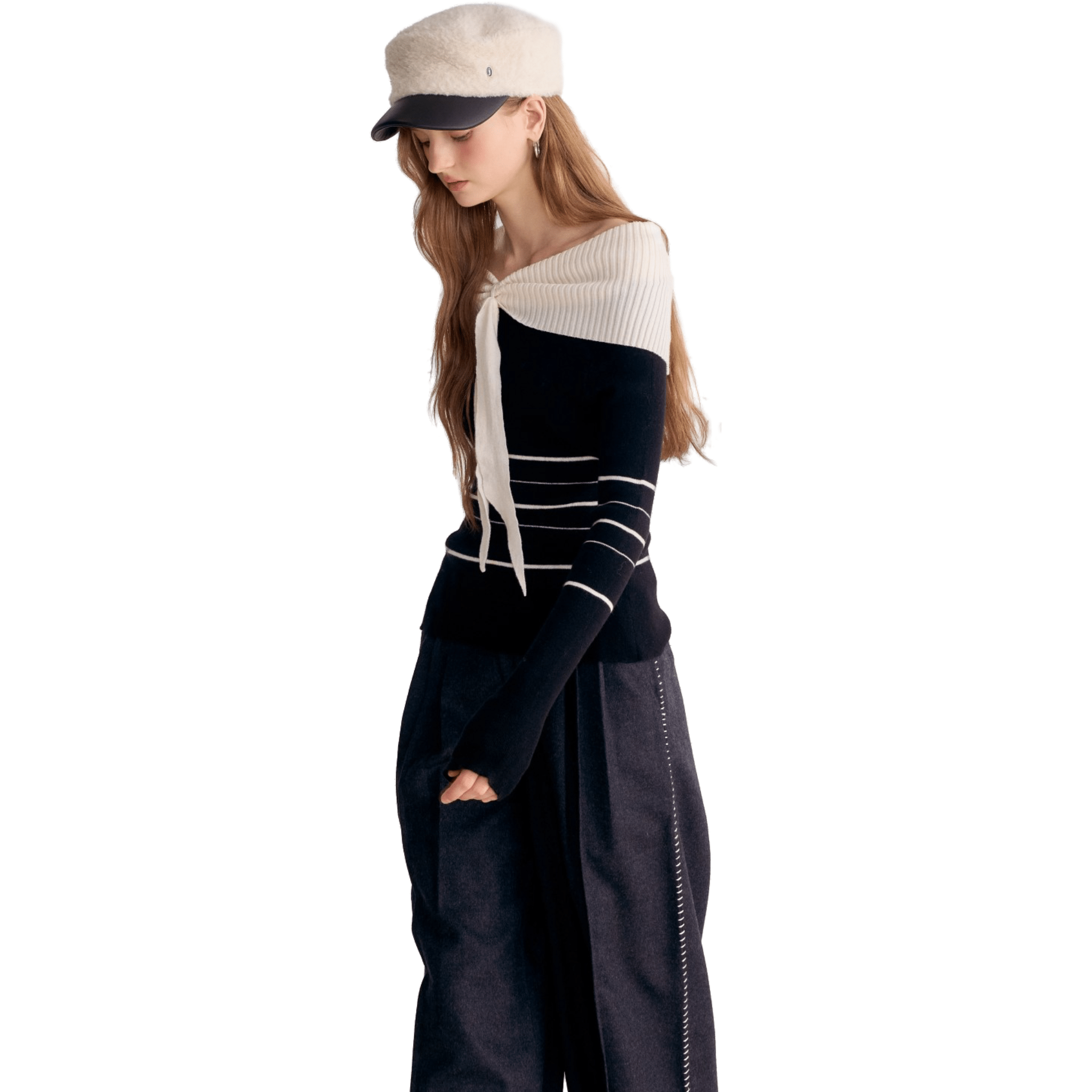 AIMME SPARROW Black Off - shoulder Tie - strap Striped Knitted Long Sleeves | MADAX
