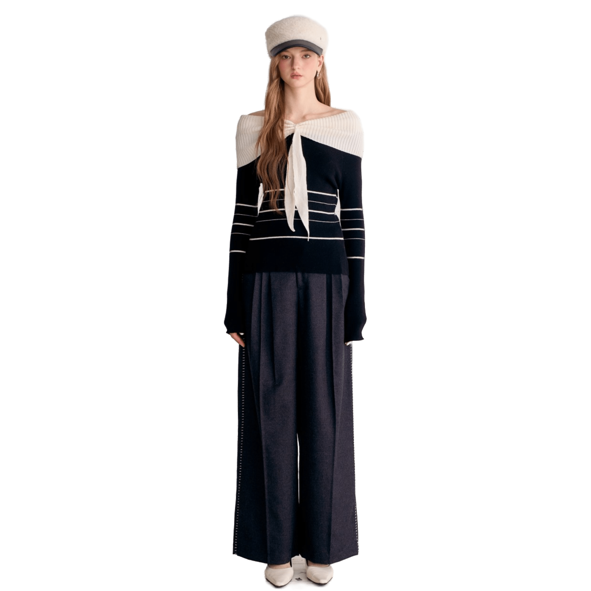 AIMME SPARROW Black Off - shoulder Tie - strap Striped Knitted Long Sleeves | MADAX