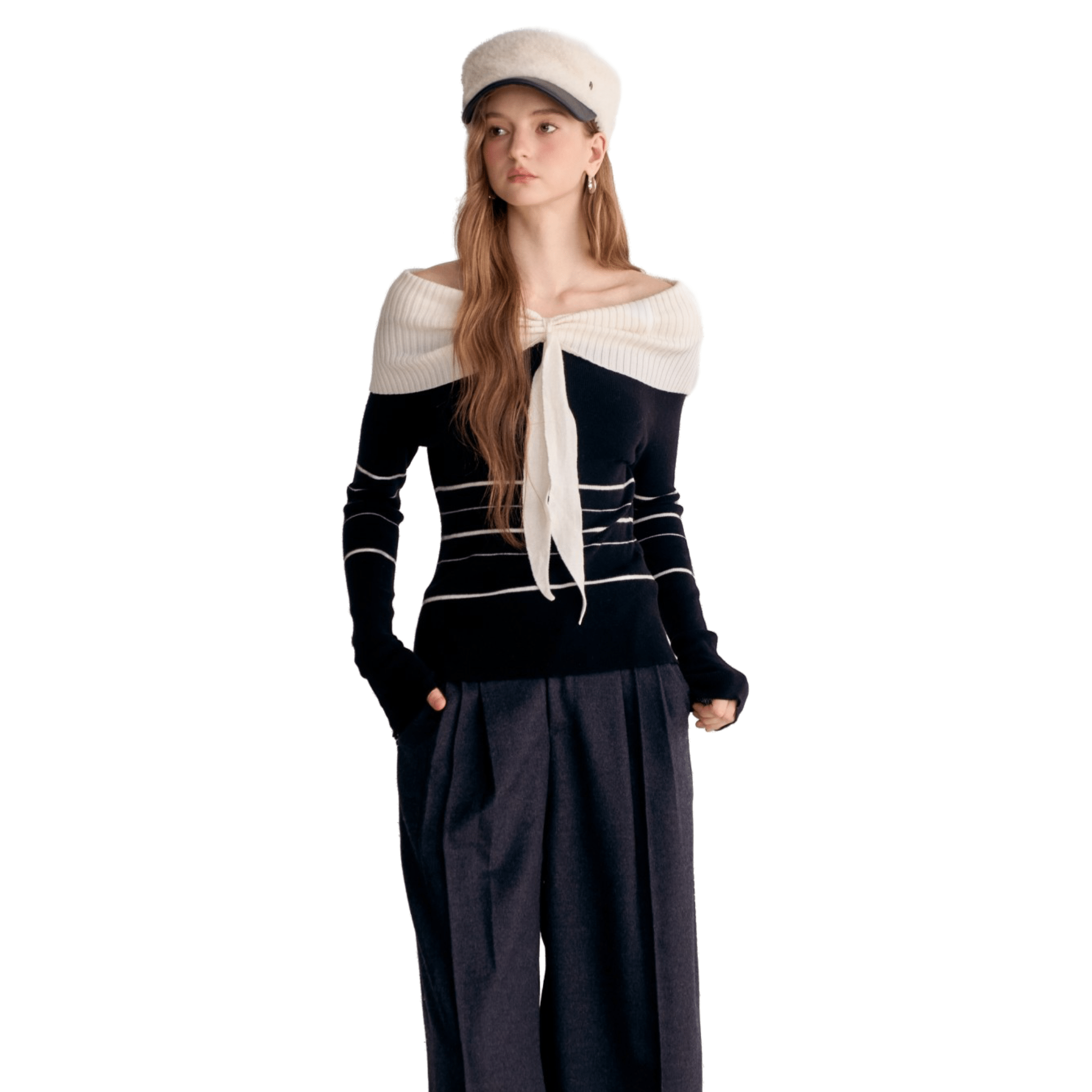 AIMME SPARROW Black Off - shoulder Tie - strap Striped Knitted Long Sleeves | MADAX