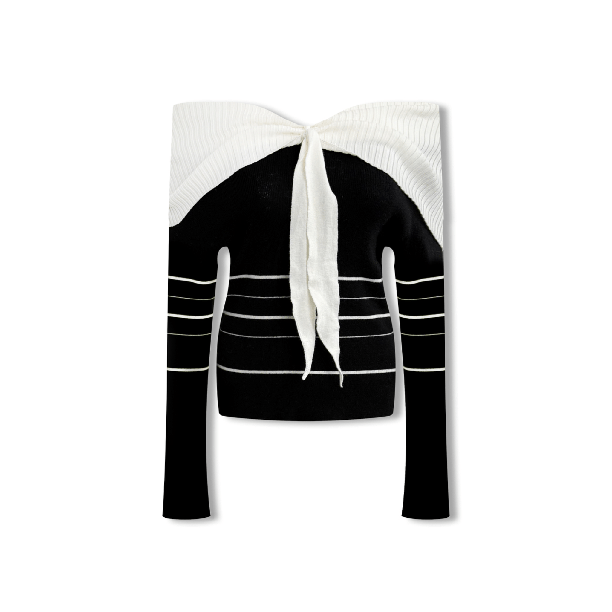 AIMME SPARROW Black Off - shoulder Tie - strap Striped Knitted Long Sleeves | MADAX