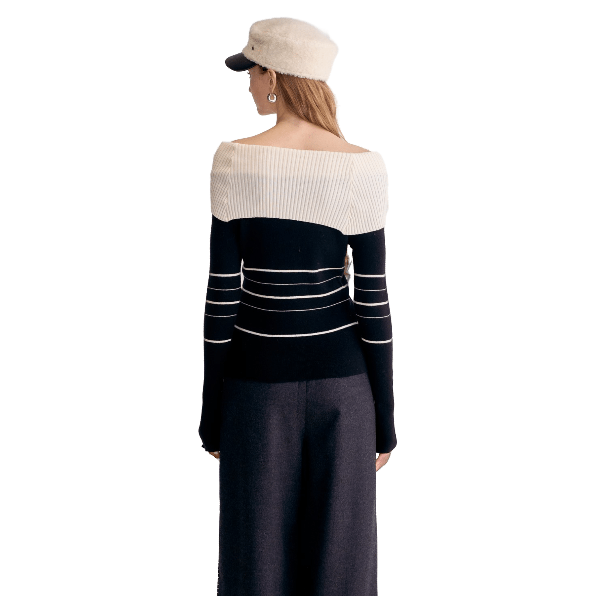 AIMME SPARROW Black Off - shoulder Tie - strap Striped Knitted Long Sleeves | MADAX