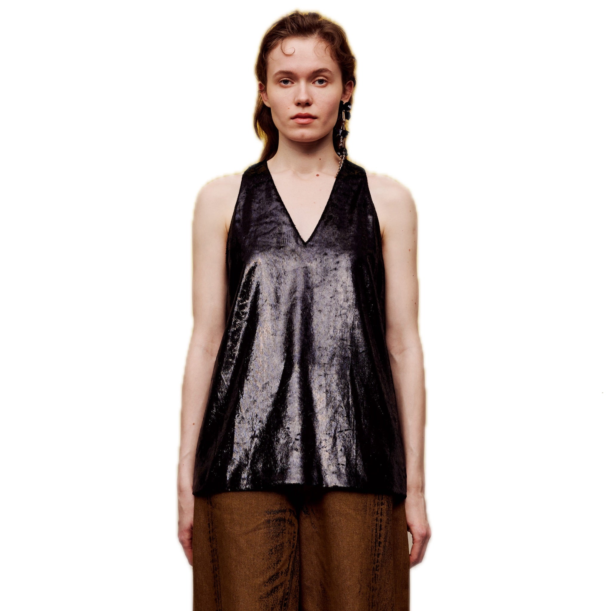 ilEWUOY Black Onion Velvet Laminated V-neck Vest | MADA IN CHINA