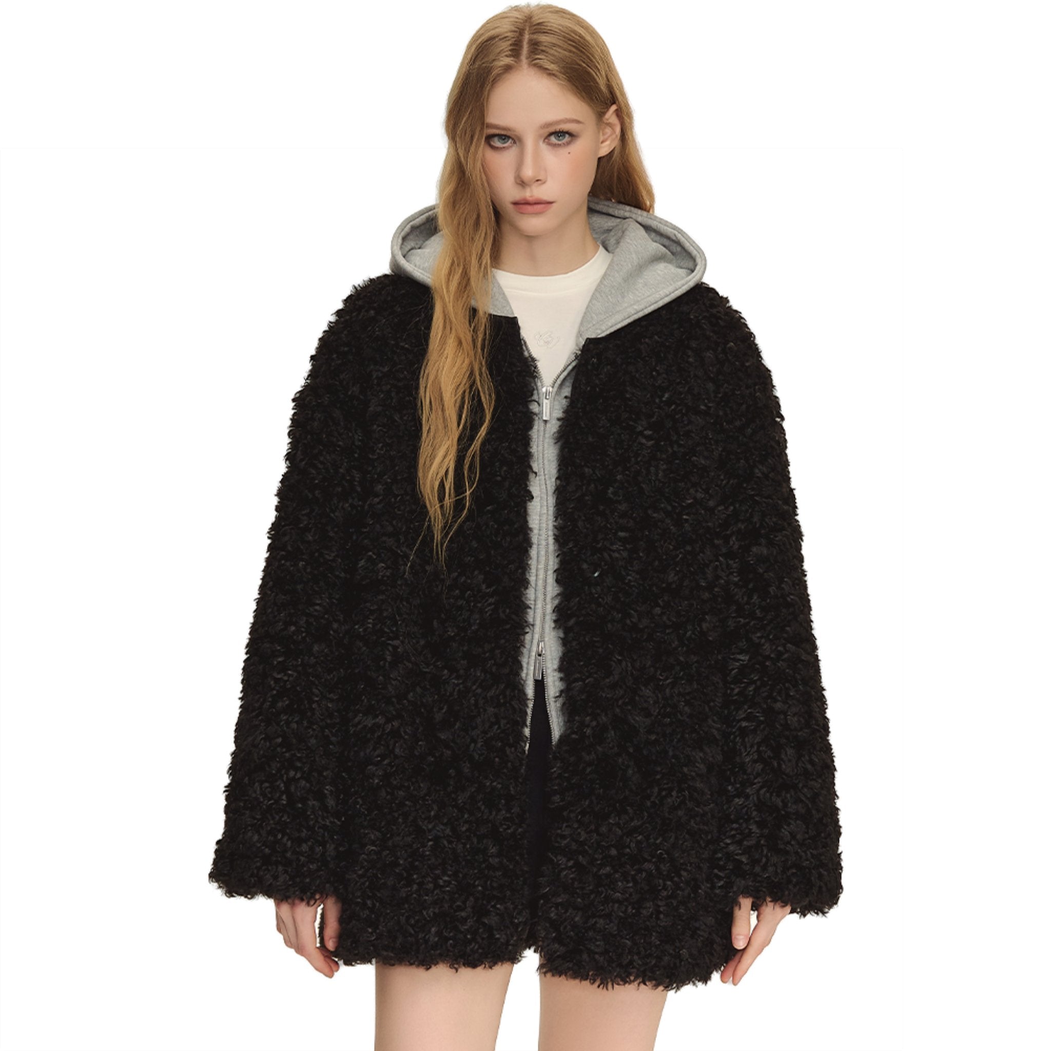 CLIMAX VISION Black Oversized Round Neck Sherpa Coat | MADAX