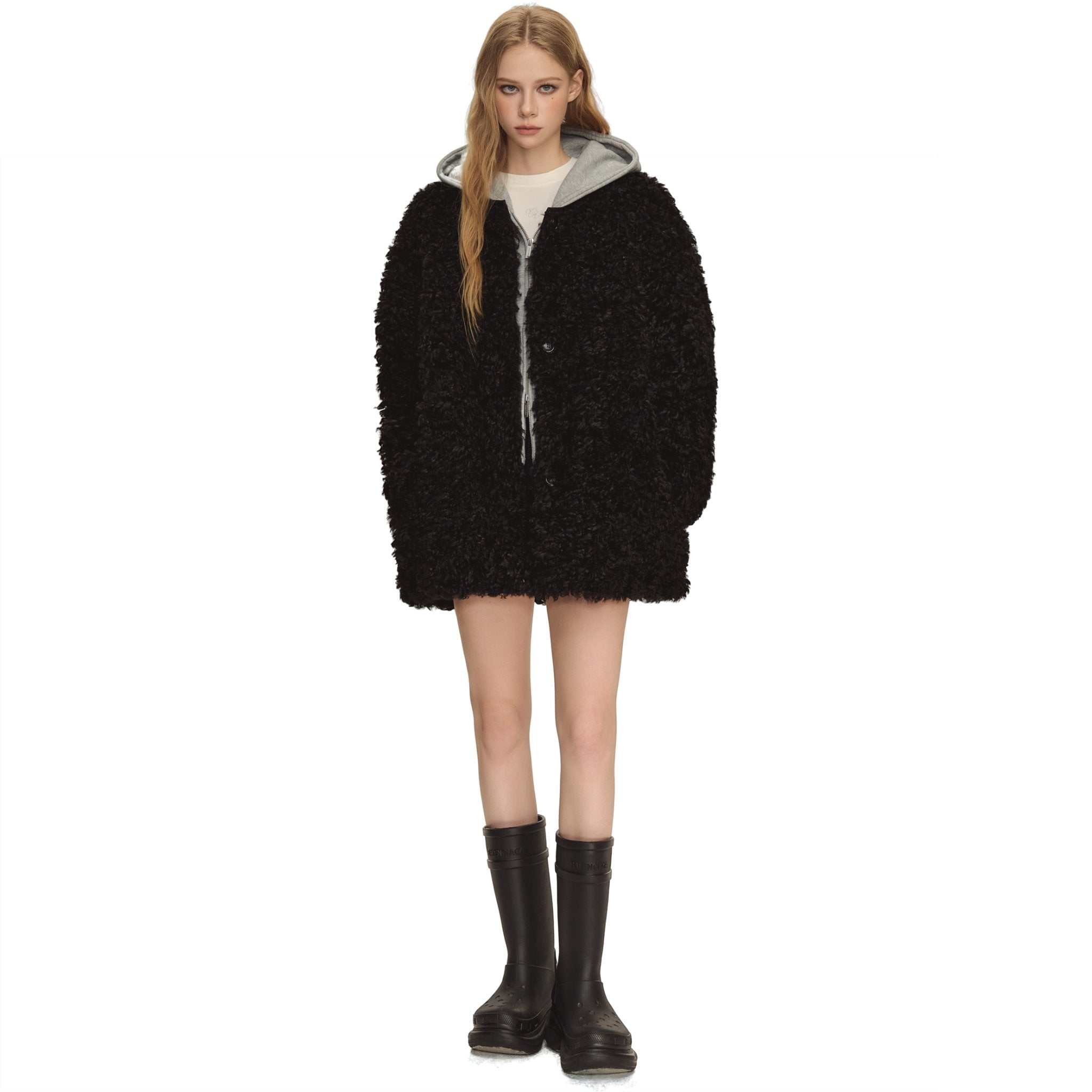 CLIMAX VISION Black Oversized Round Neck Sherpa Coat | MADAX