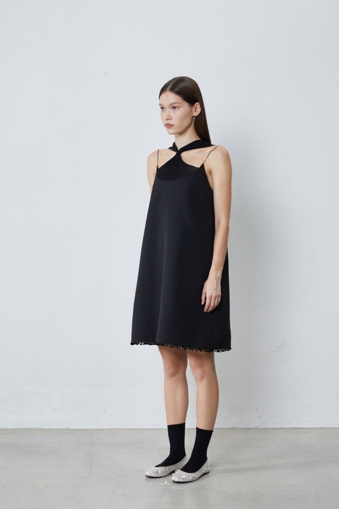 FENGYI TAN Black Pintucked Beaded Tie Dress | MADA IN CHINA