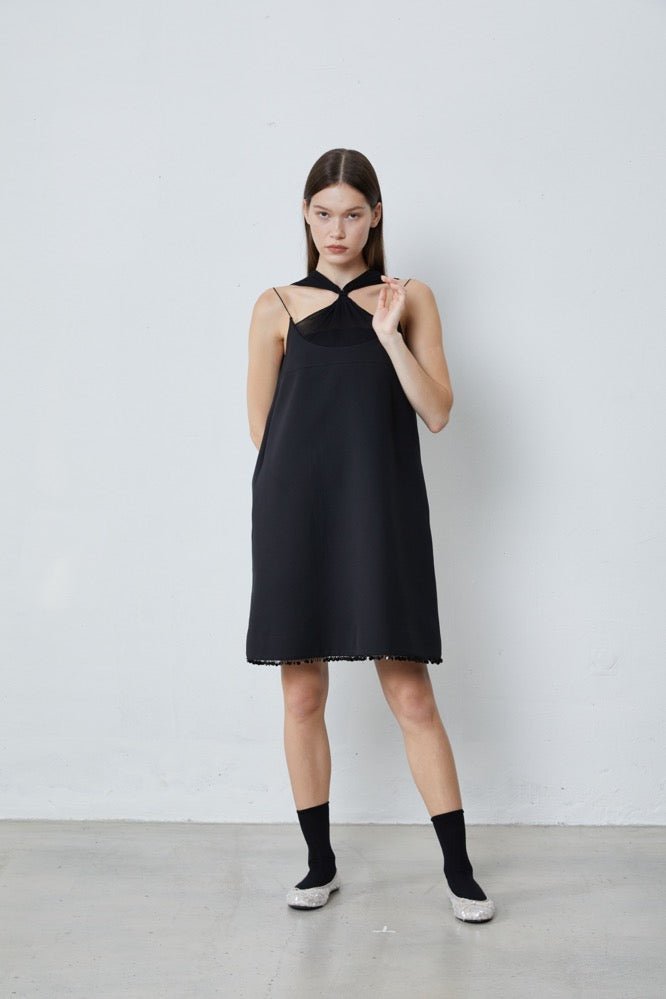 FENGYI TAN Black Pintucked Beaded Tie Dress | MADA IN CHINA