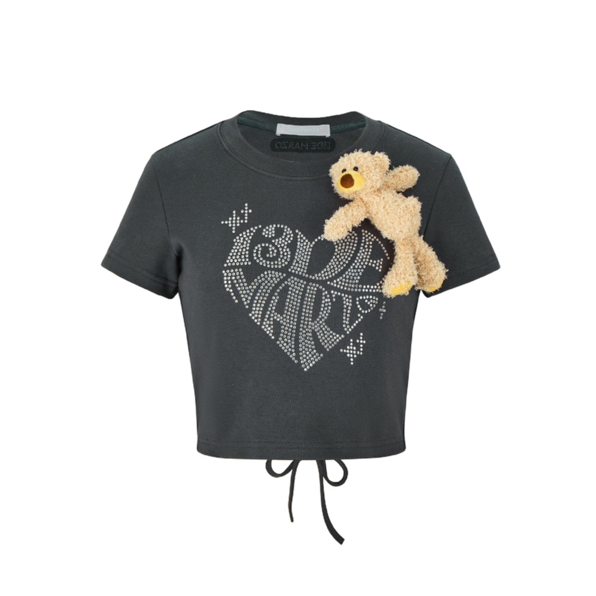 13DE MARZO Black Rhinestone Heart Logo Tee | MADA IN CHINA