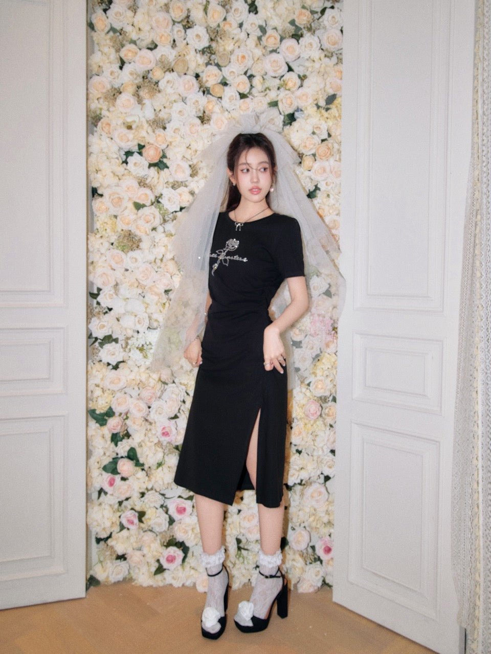 THREE QUARTERS Black Rose Rhinestone Cutout Knit Dress | MADA IN CHINA