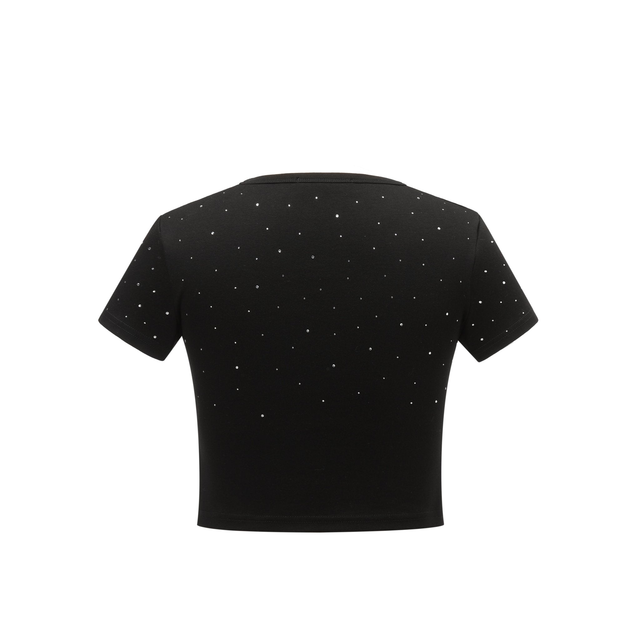 THREE QUARTERS Black Round Neck Rhinestone Short Sleeve T - Shirt Top | MADA IN CHINA