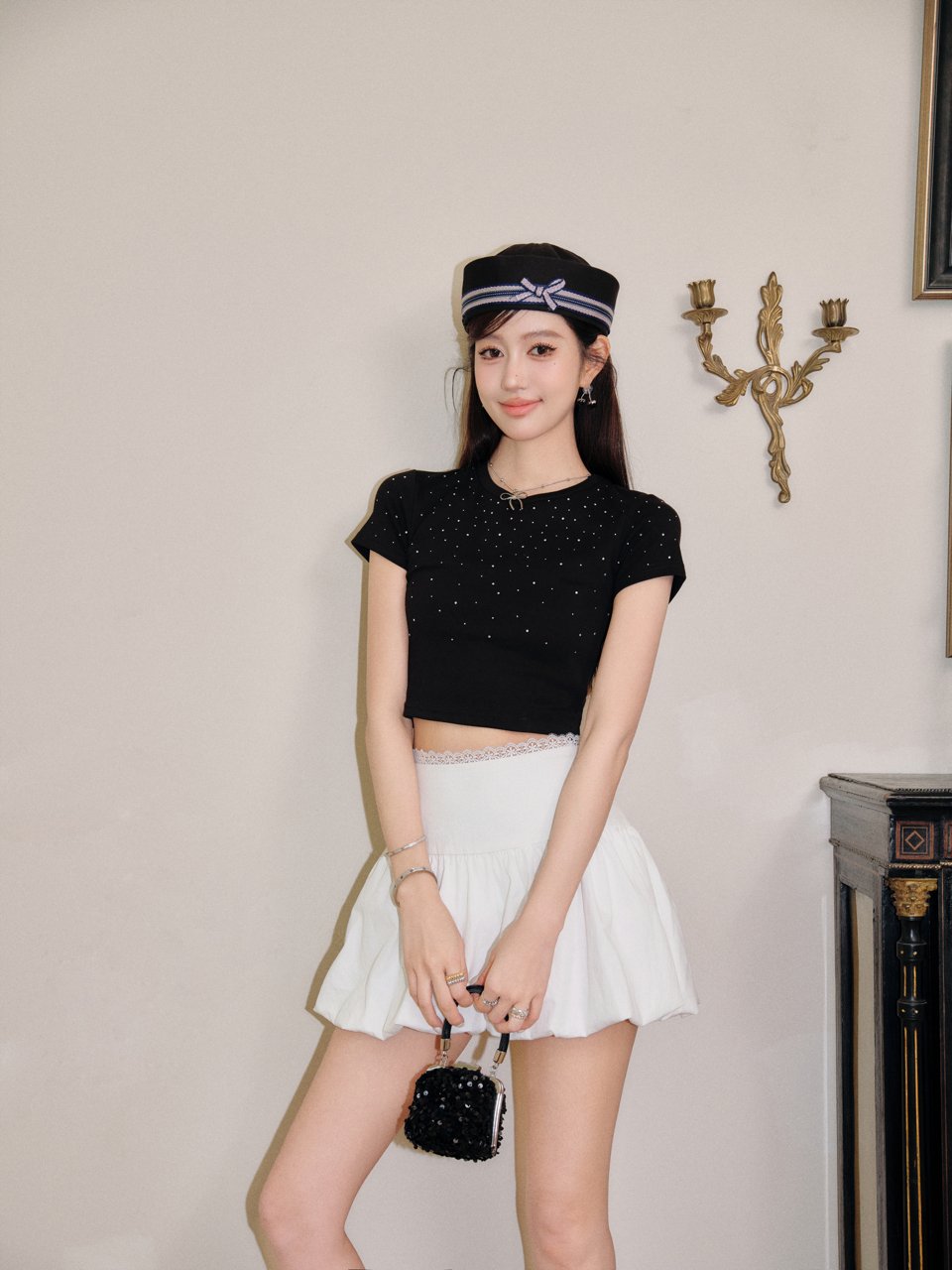 THREE QUARTERS Black Round Neck Rhinestone Short Sleeve T - Shirt Top | MADA IN CHINA