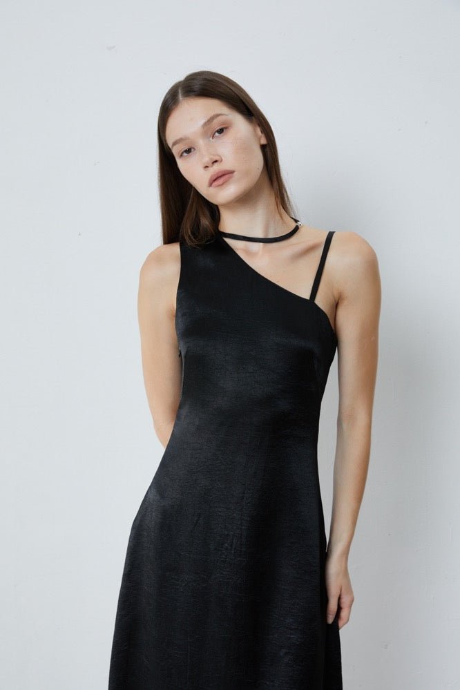 FENGYI TAN Black Satin Necklace Dress | MADA IN CHINA