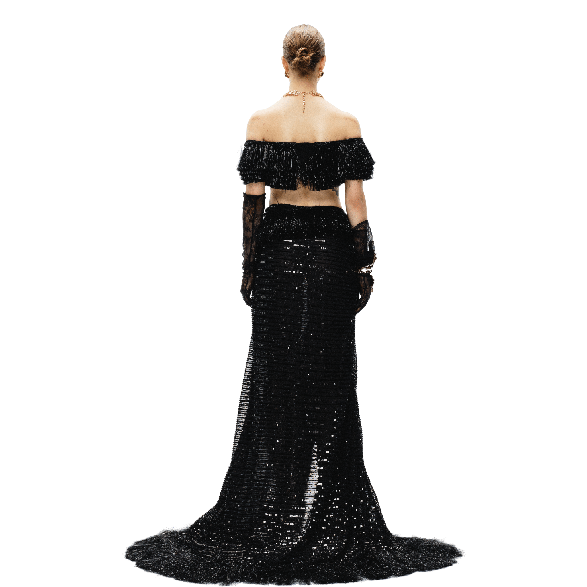 ARTE PURA Black Shiny Tassel Off - the - shoulder Top | MADAX