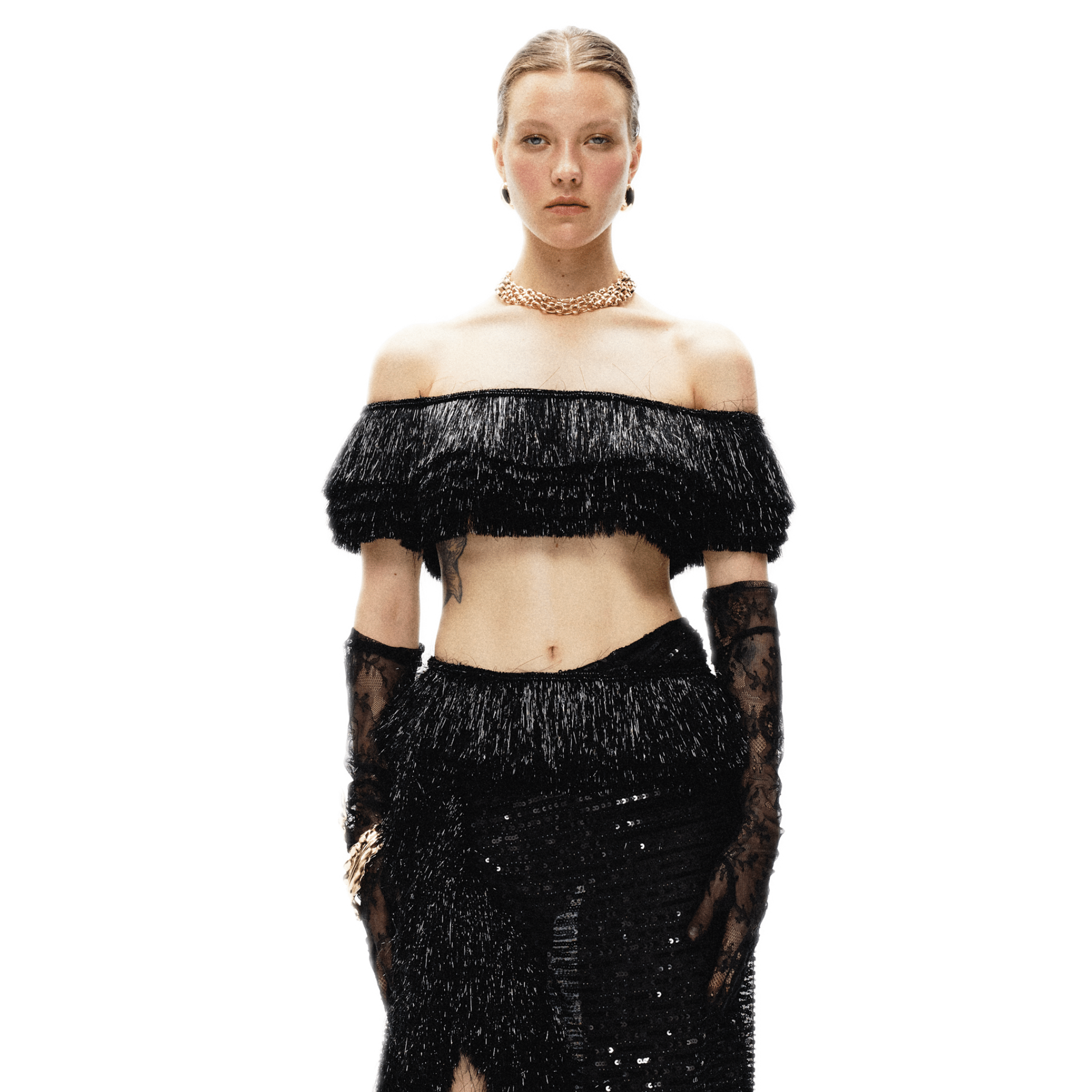 ARTE PURA Black Shiny Tassel Off - the - shoulder Top | MADAX