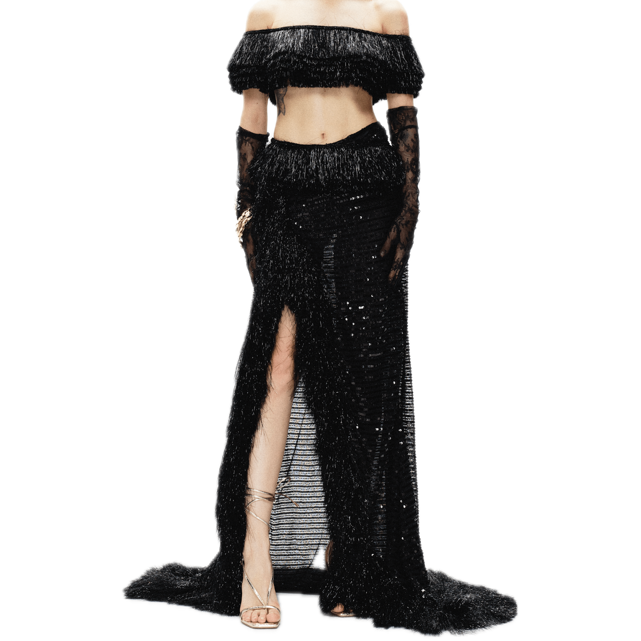 ARTE PURA Black Shiny Tassel Slit Train Skirt | MADAX