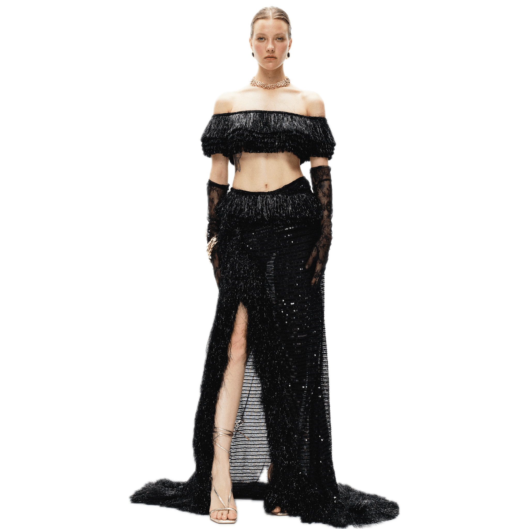 ARTE PURA Black Shiny Tassel Slit Train Skirt | MADAX