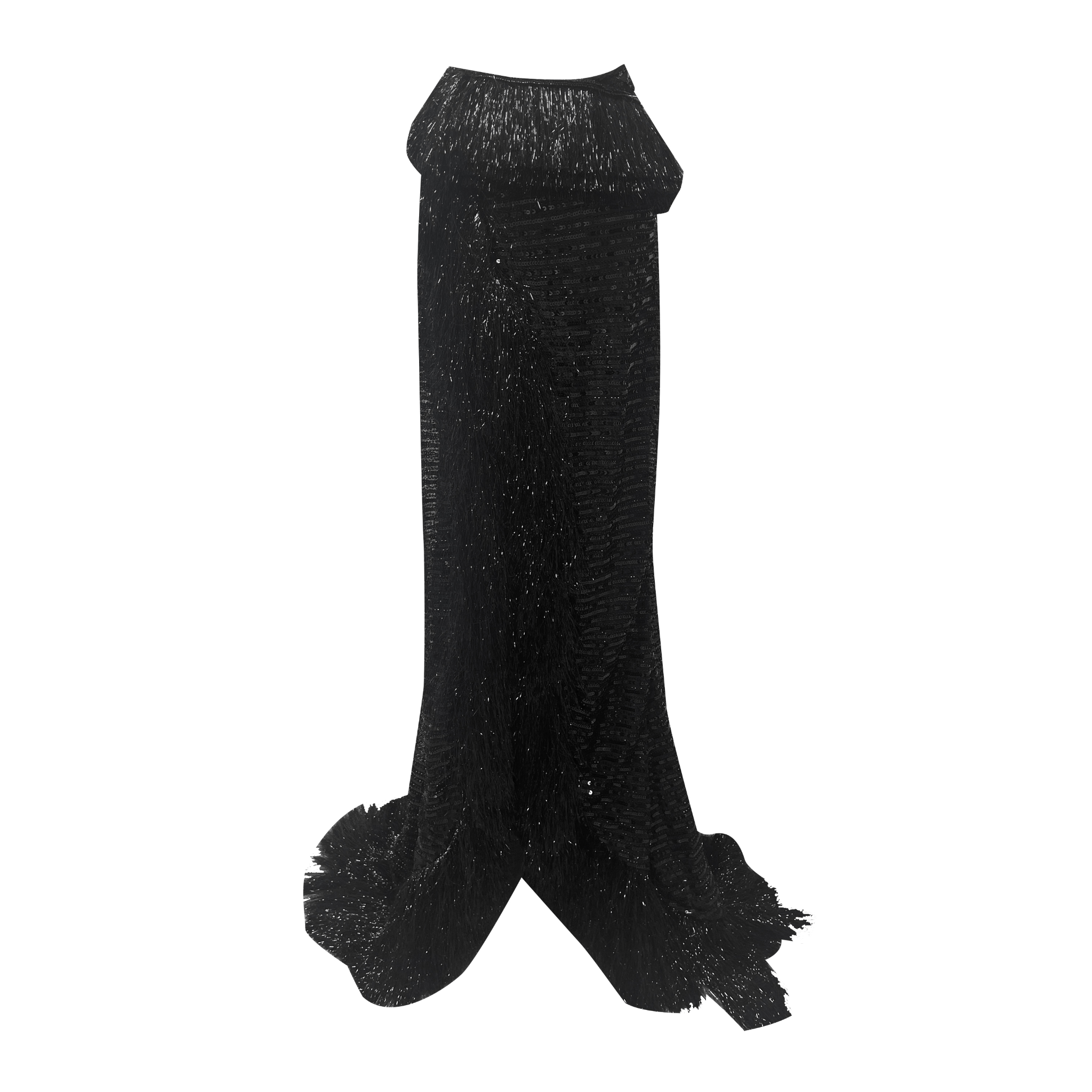 ARTE PURA Black Shiny Tassel Slit Train Skirt | MADAX