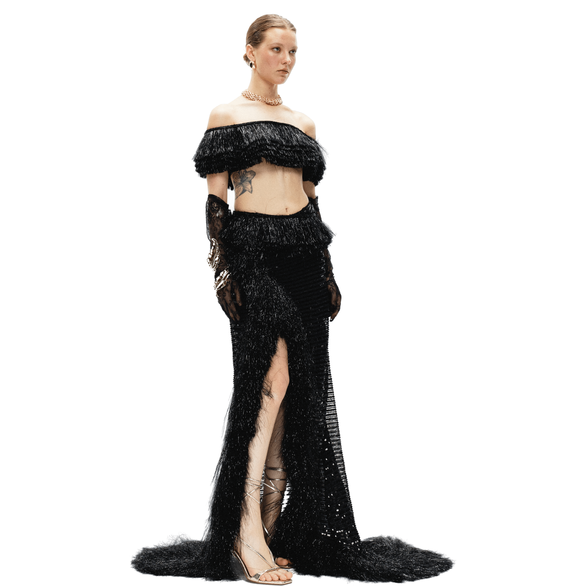 ARTE PURA Black Shiny Tassel Slit Train Skirt | MADAX