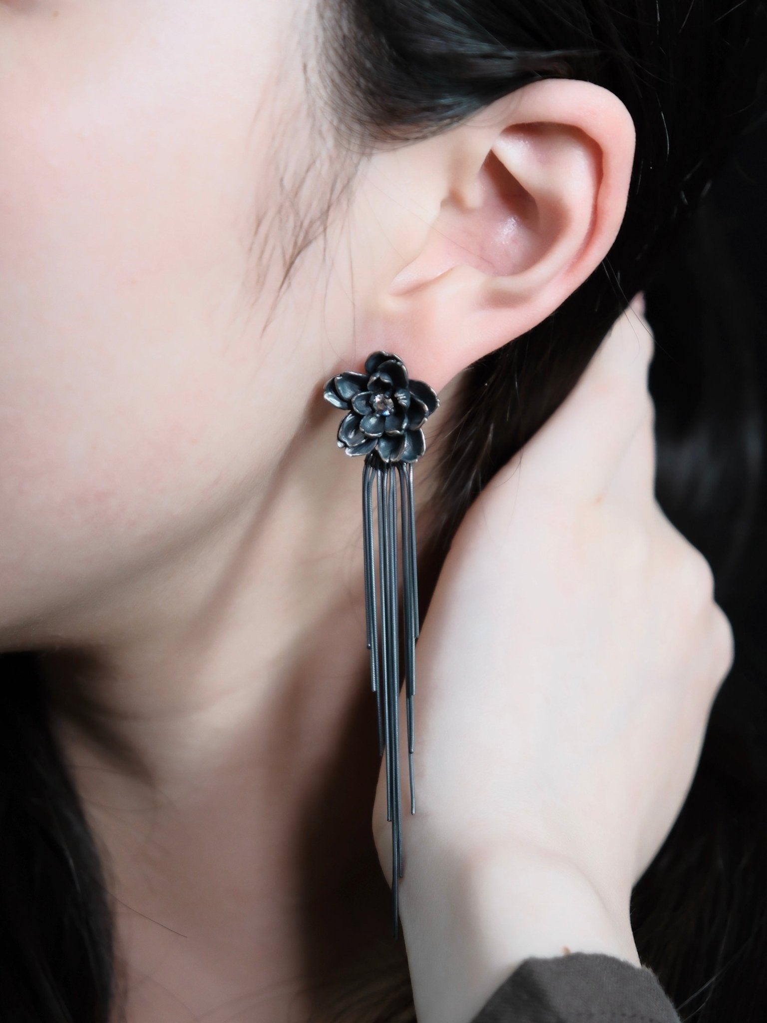 CHENG Black Silver Cherry Blossom Earrings | MADA IN CHINA