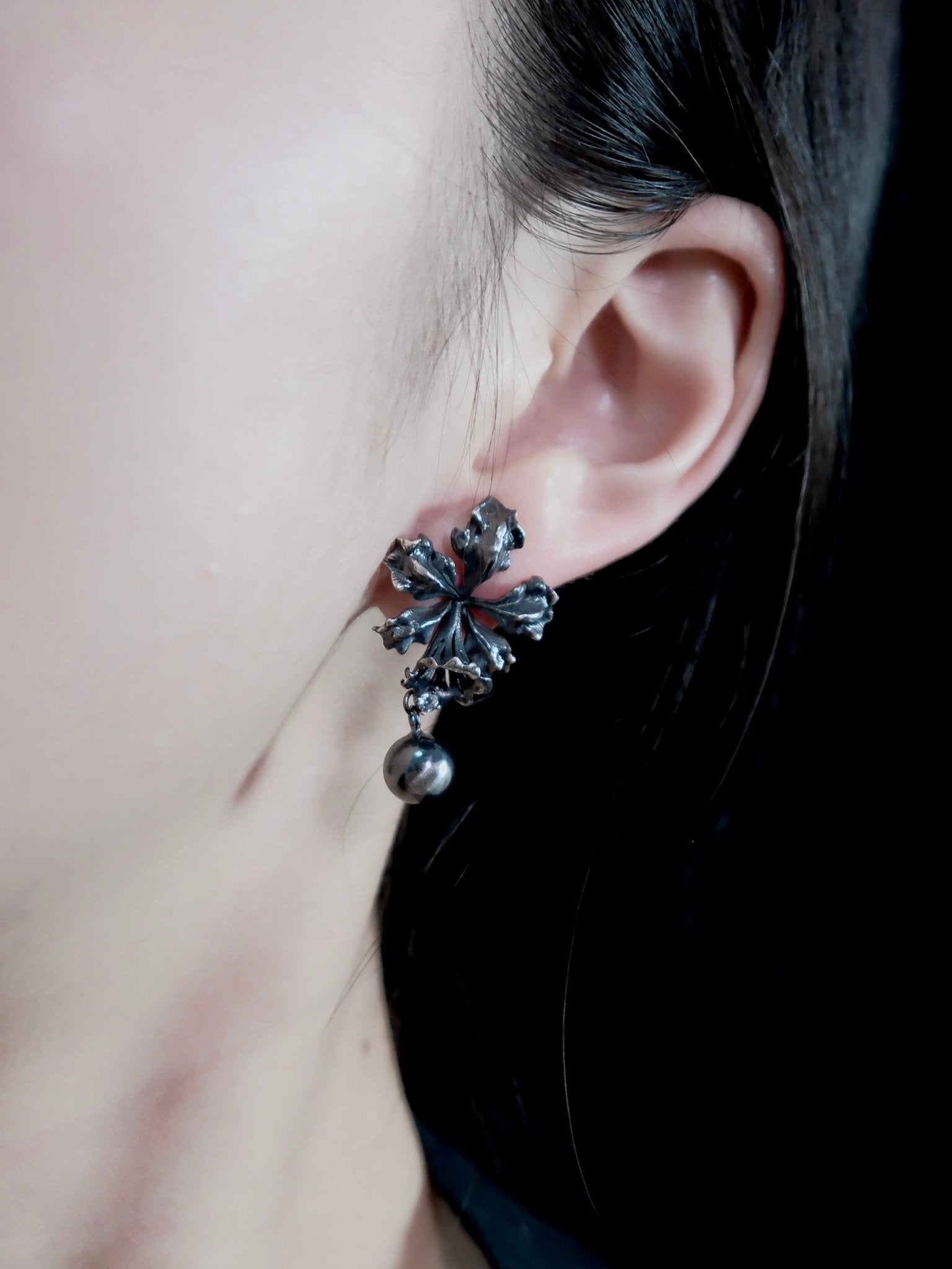 CHENG Black Silver Raindrop Orchid Earrings | MADA IN CHINA