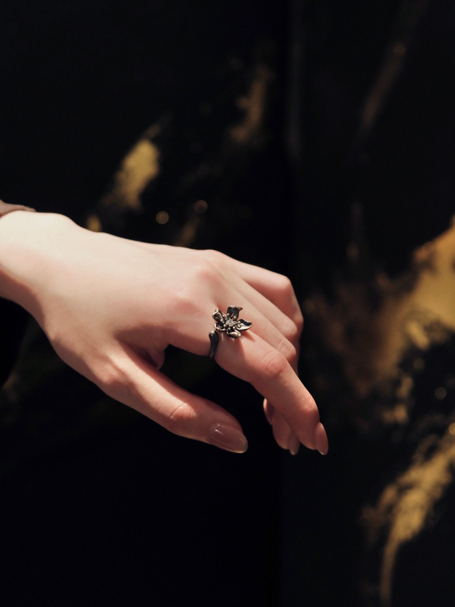 Black Silver Skeletonized Dewy Peach Blossom Ring | MADAX