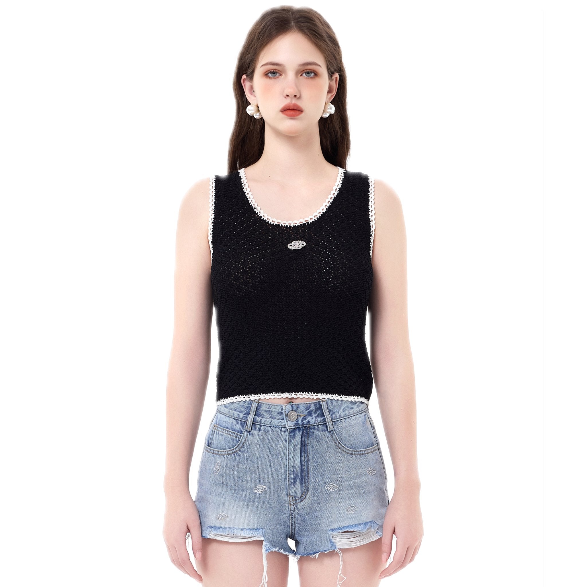 THREE QUARTERS Black Skeleton Crochet Colorblocked Tank Top | MADA IN CHINA