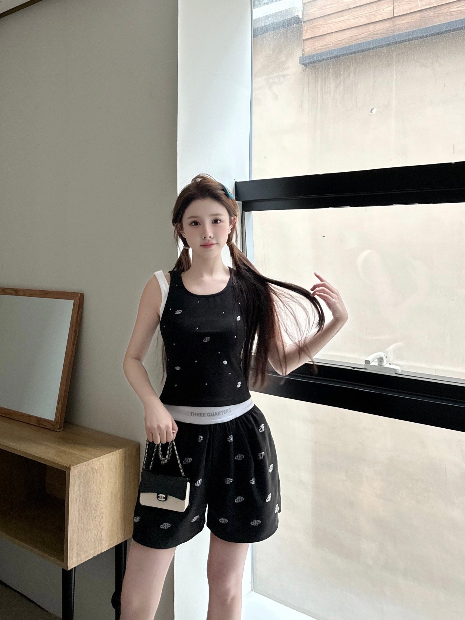 THREE QUARTERS Black Tank Top with White Strap Logo and Rhinestones | MADA IN CHINA