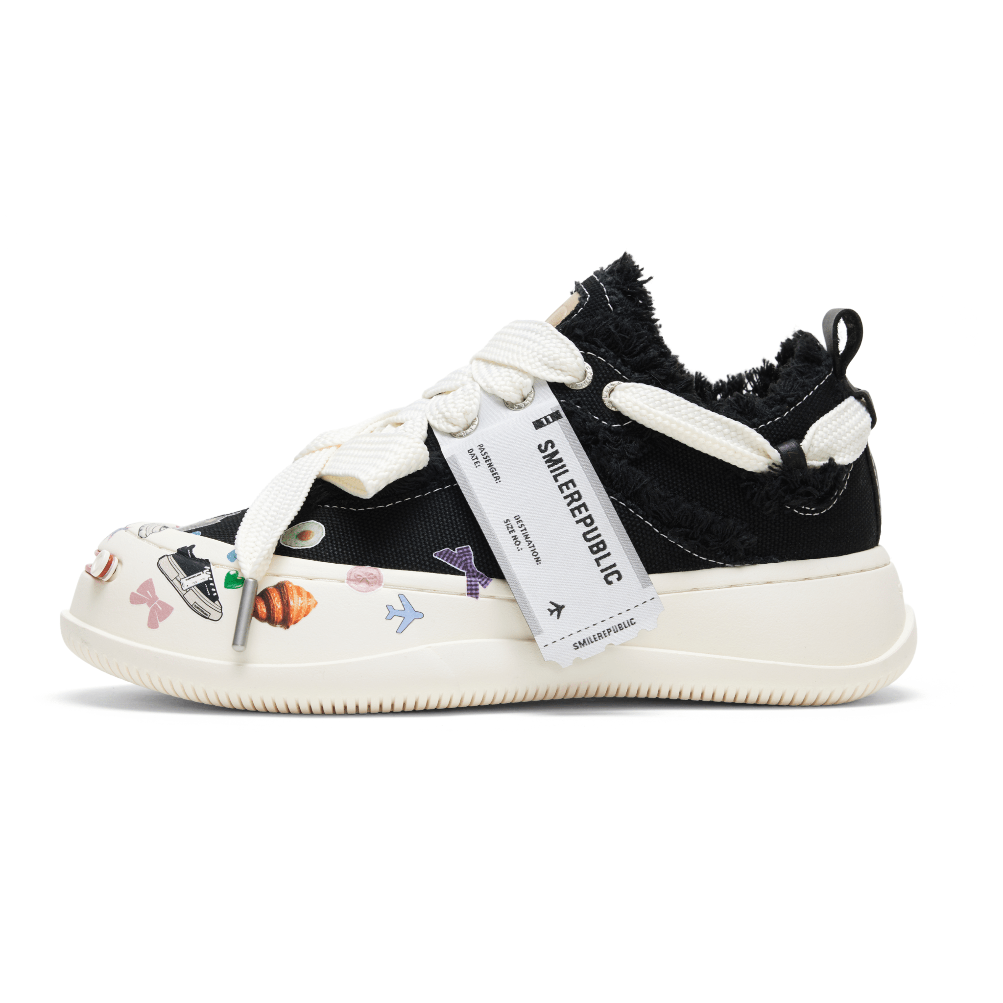 SMILEREPUBLIC Black Tassel Stickers Open Smile Coarse Texture Canvas Shoes | MADAX