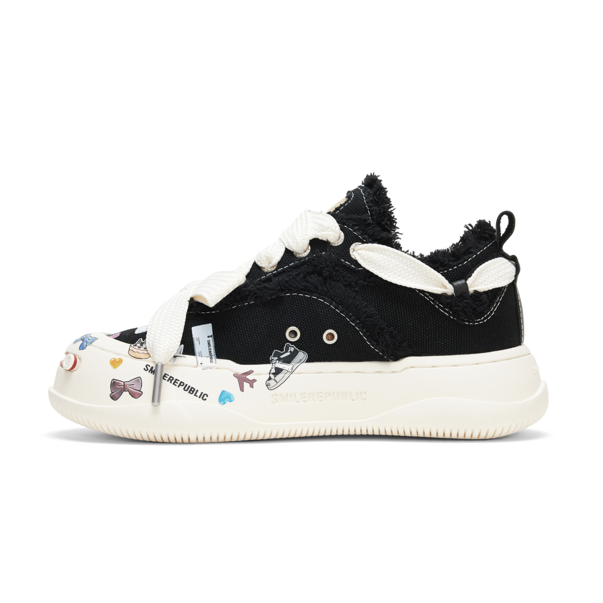 SMILEREPUBLIC Black Tassel Stickers Open Smile Coarse Texture Canvas Shoes | MADAX