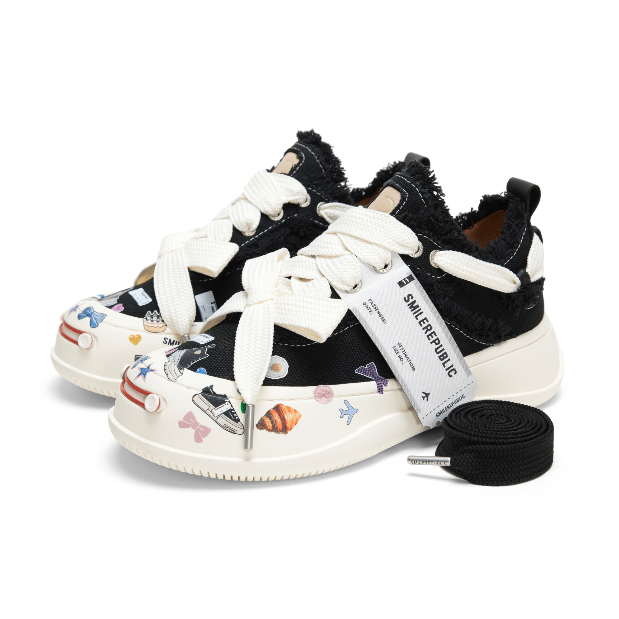 SMILEREPUBLIC Black Tassel Stickers Open Smile Coarse Texture Canvas Shoes | MADAX