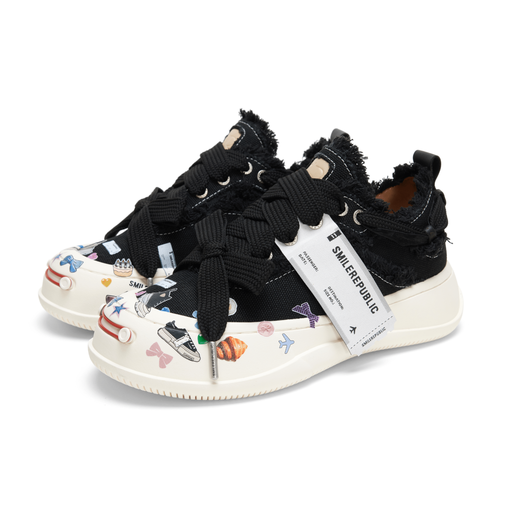 SMILEREPUBLIC Black Tassel Stickers Open Smile Coarse Texture Canvas Shoes | MADAX