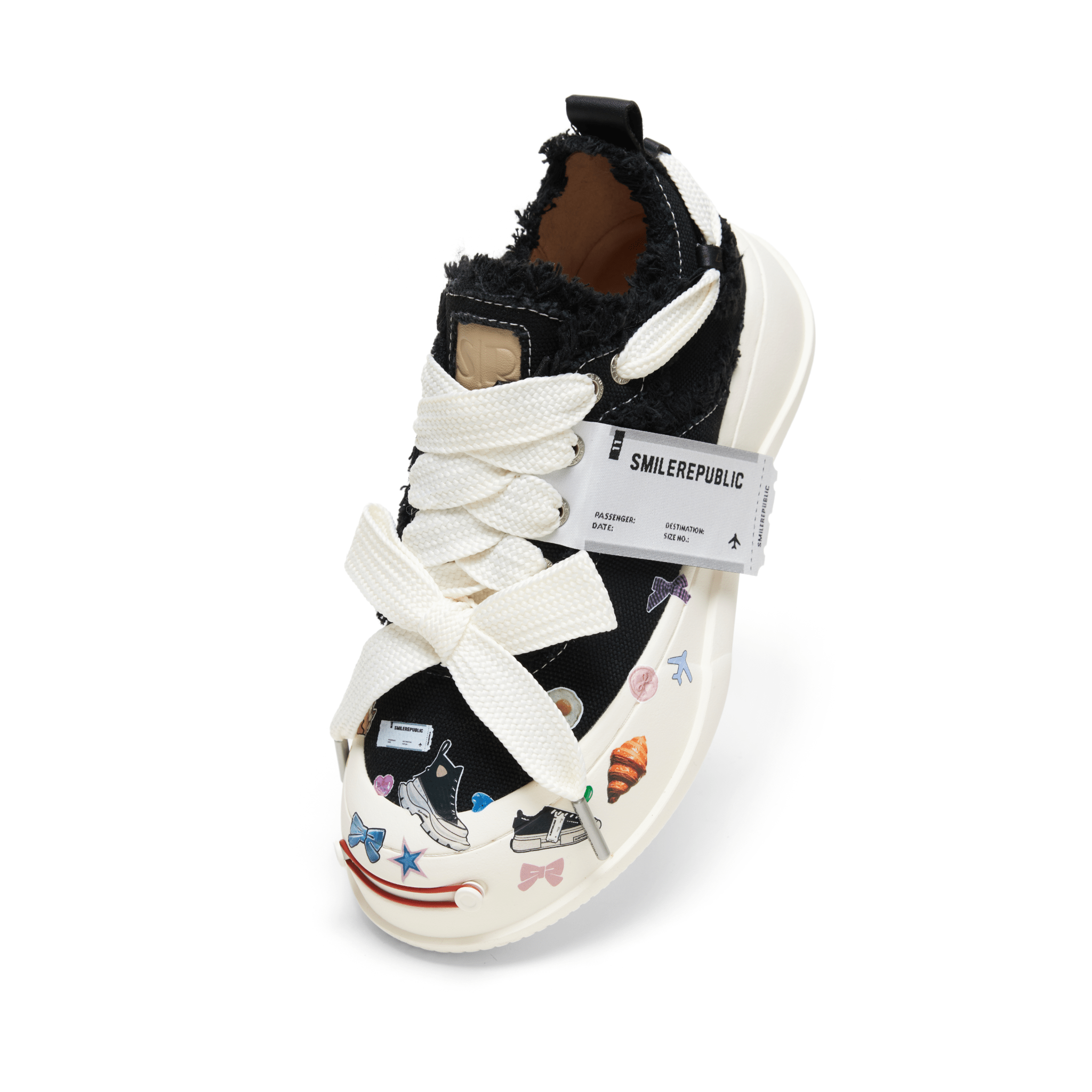 SMILEREPUBLIC Black Tassel Stickers Open Smile Coarse Texture Canvas Shoes | MADAX