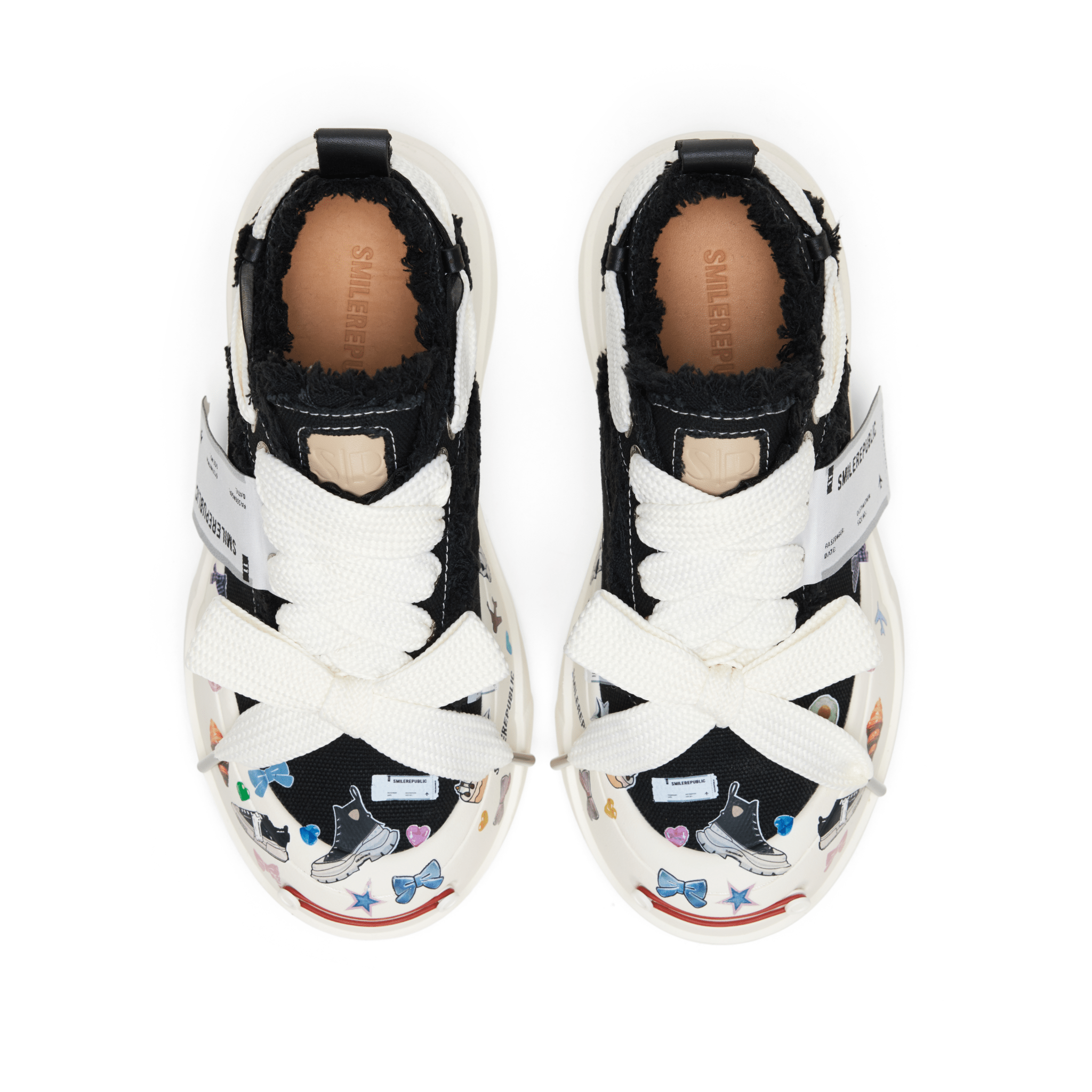 SMILEREPUBLIC Black Tassel Stickers Open Smile Coarse Texture Canvas Shoes | MADAX
