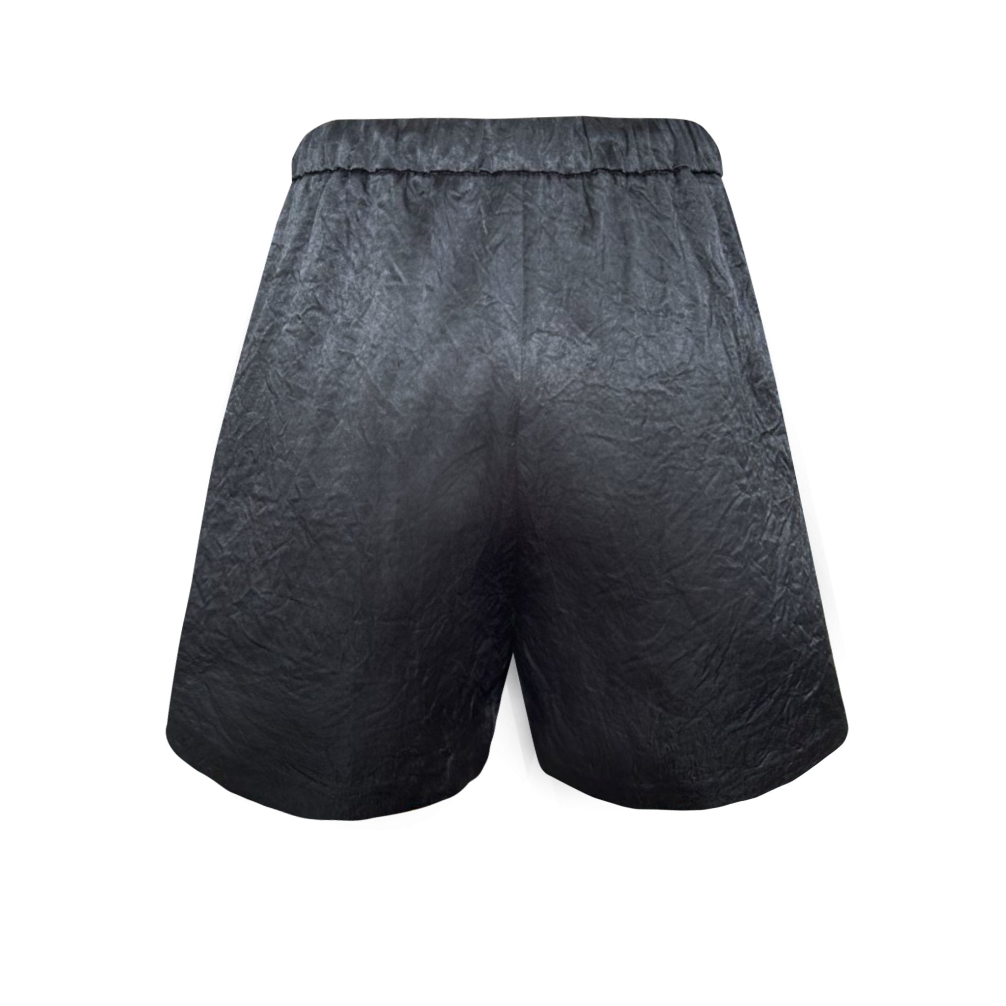 EtheClouds Black Textured Satin Elastic Waist Shorts | MADA IN CHINA