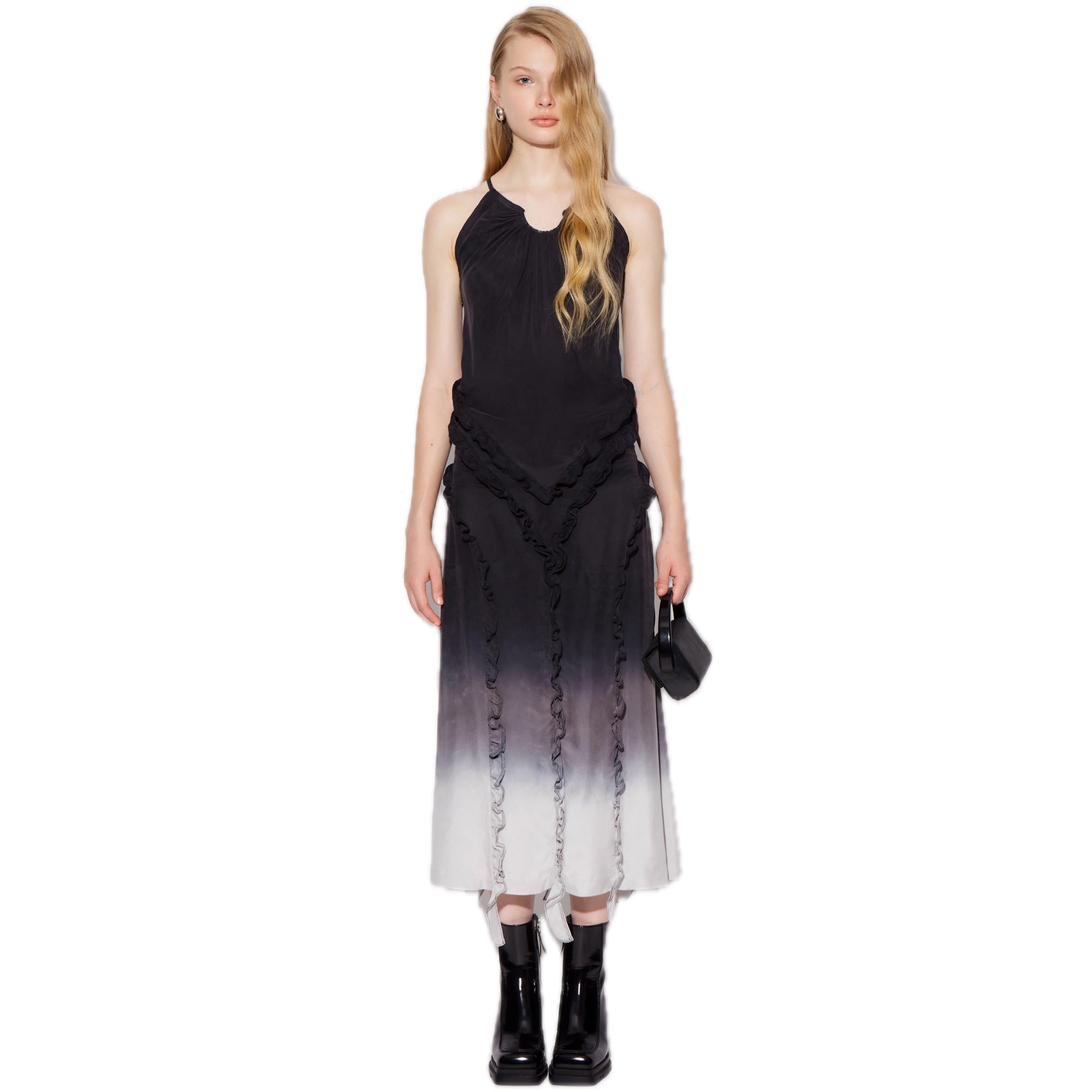 CPLUS SERIES Black Tie-dye Gradient Ruffled Slip Dress | MADA IN CHINA