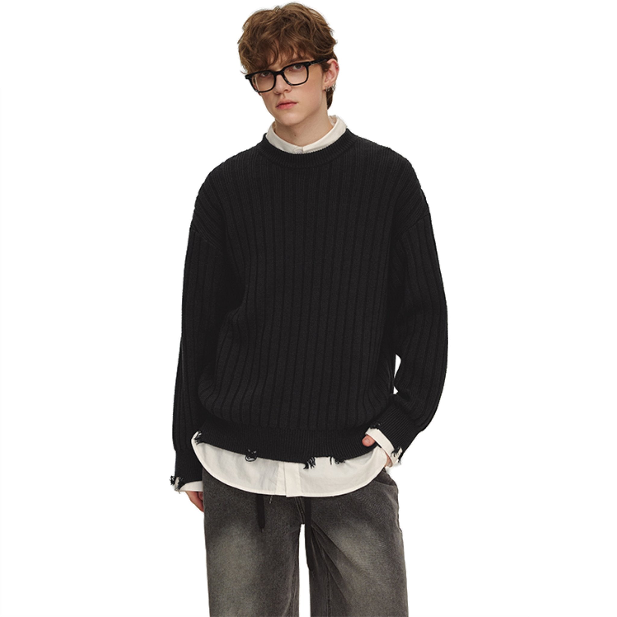 CLIMAX VISION Black Vertical Stripe Ribbed Hem Destroyed Knit Sweater | MADAX