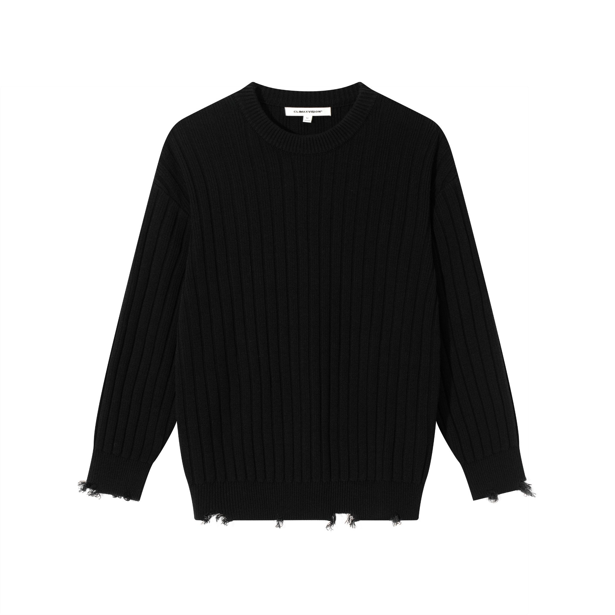 CLIMAX VISION Black Vertical Stripe Ribbed Hem Destroyed Knit Sweater | MADAX