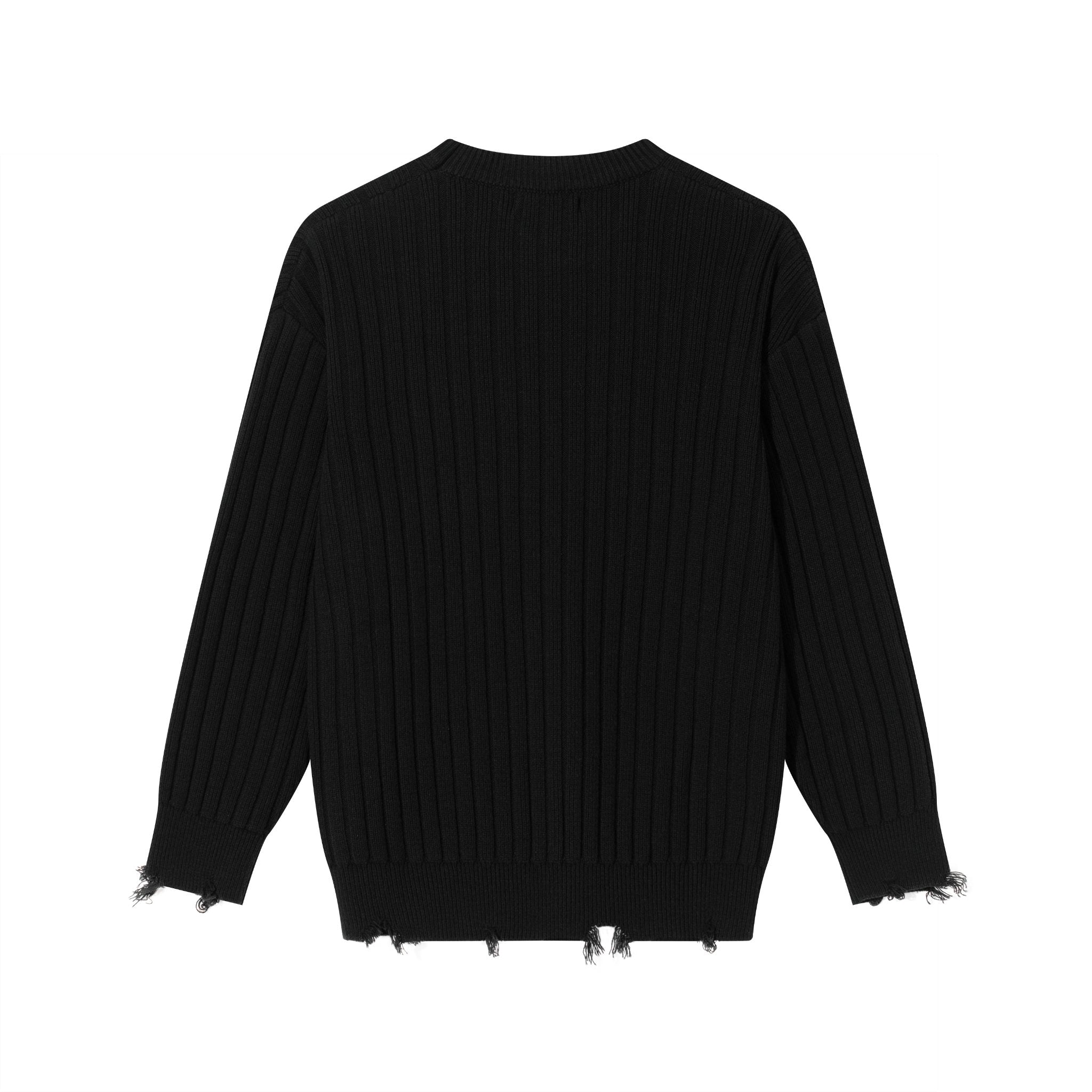 CLIMAX VISION Black Vertical Stripe Ribbed Hem Destroyed Knit Sweater | MADAX