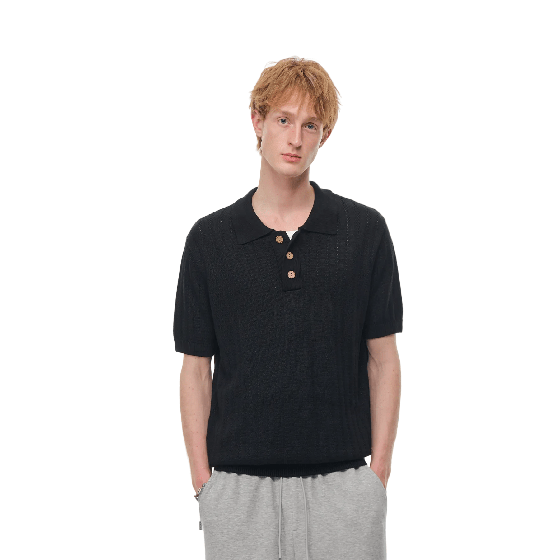 CLIMAX VISION Black Wheat - Patterned Textured Knit Polo Shirt | MADAX