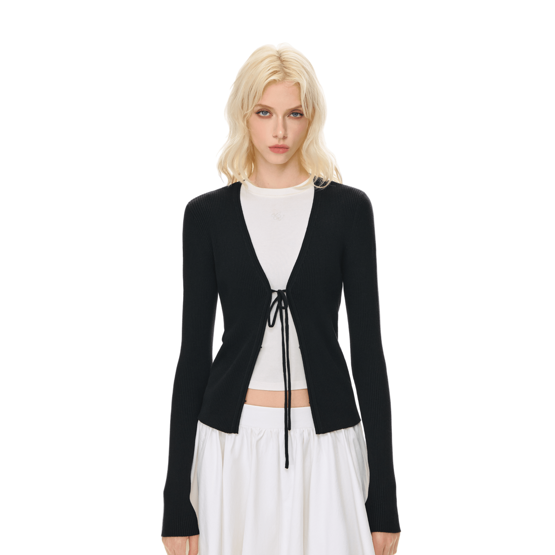 Climax Vision Black Wool Blend V - Neck Lace - Up Knit Cardigan  | MADAX