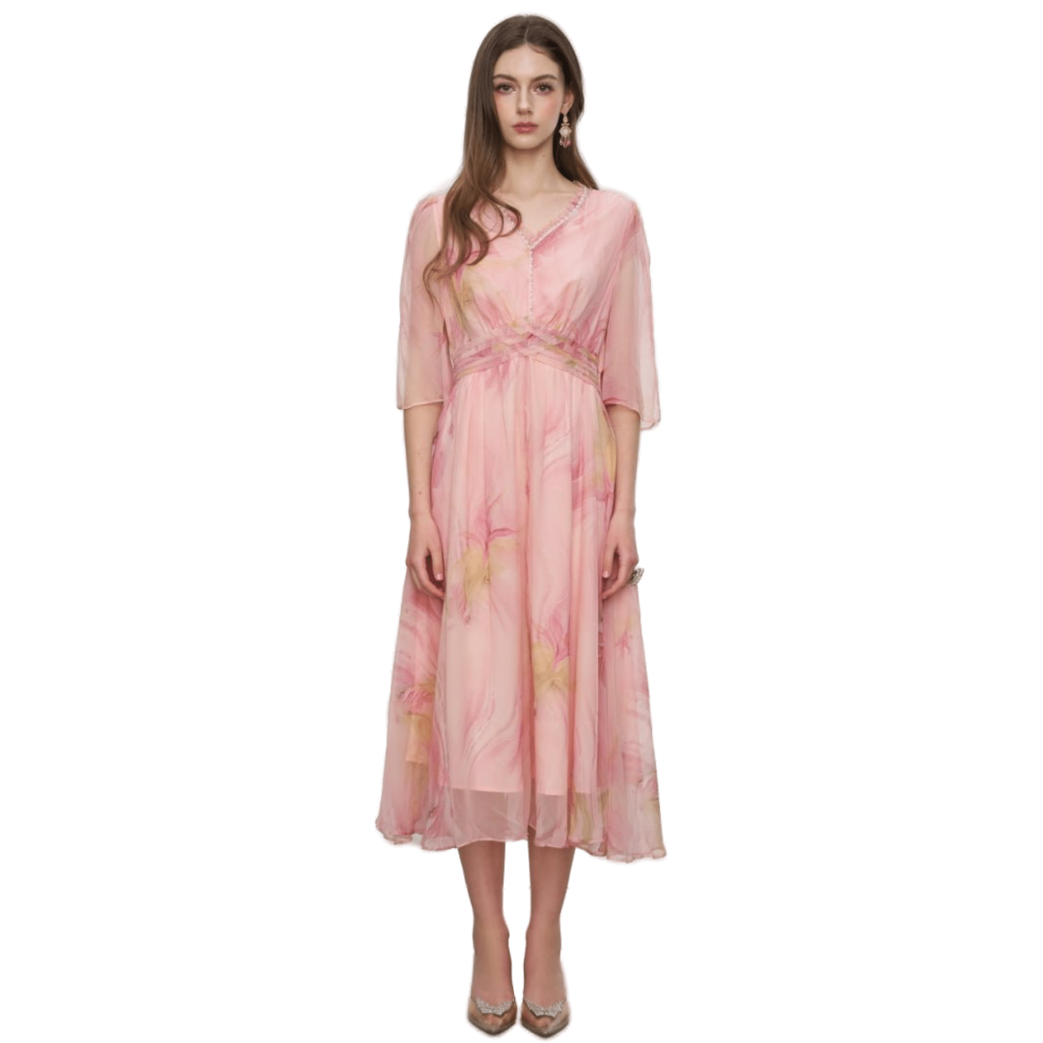 AIMME SPARROW Blended Ruffle Pearl Neck Dress In Pink | MADAX