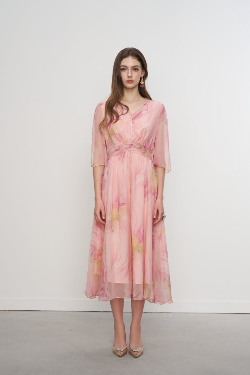 AIMME SPARROW Blended Ruffle Pearl Neck Dress In Pink | MADAX
