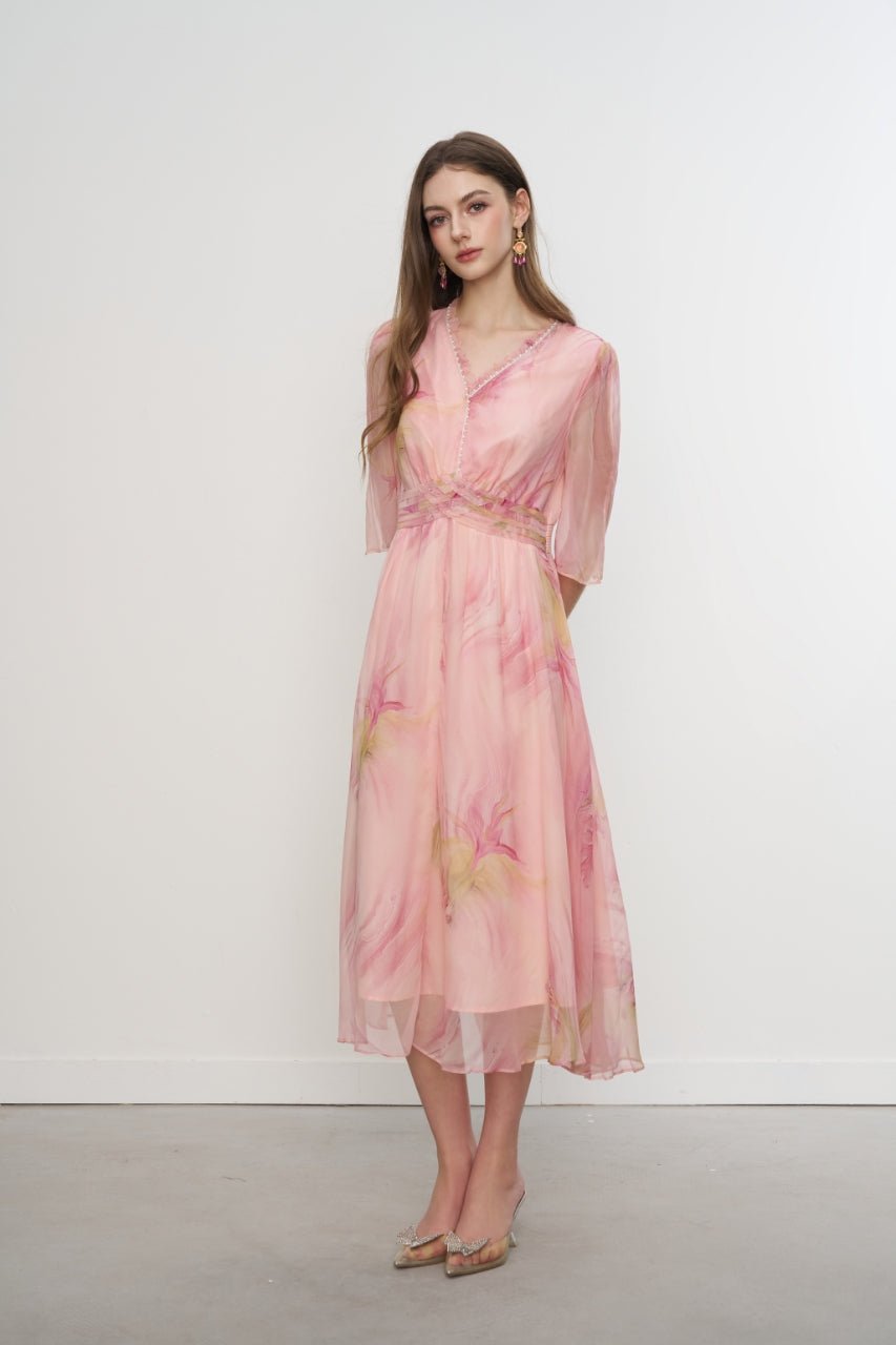 AIMME SPARROW Blended Ruffle Pearl Neck Dress In Pink | MADAX