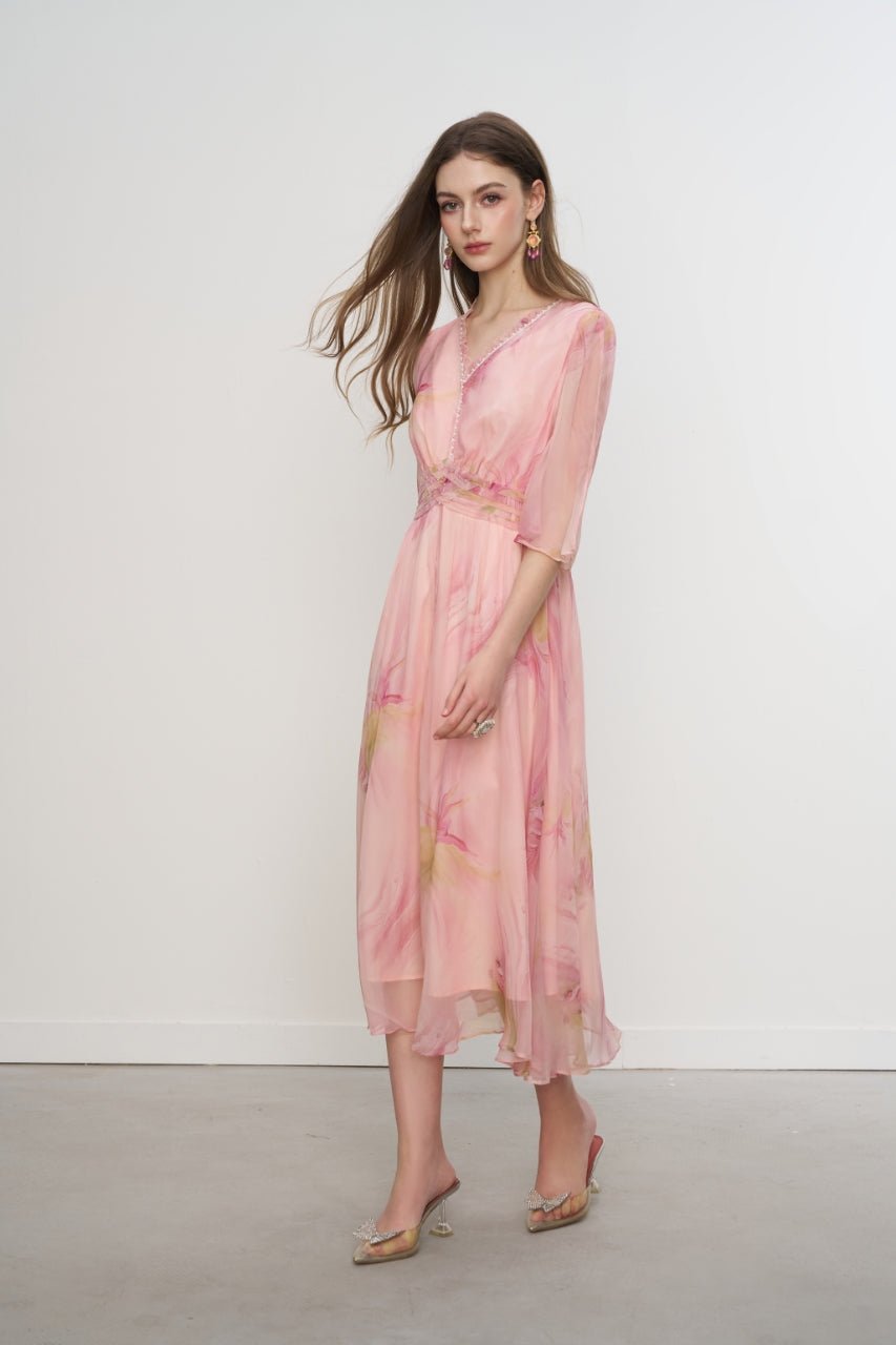 AIMME SPARROW Blended Ruffle Pearl Neck Dress In Pink | MADAX