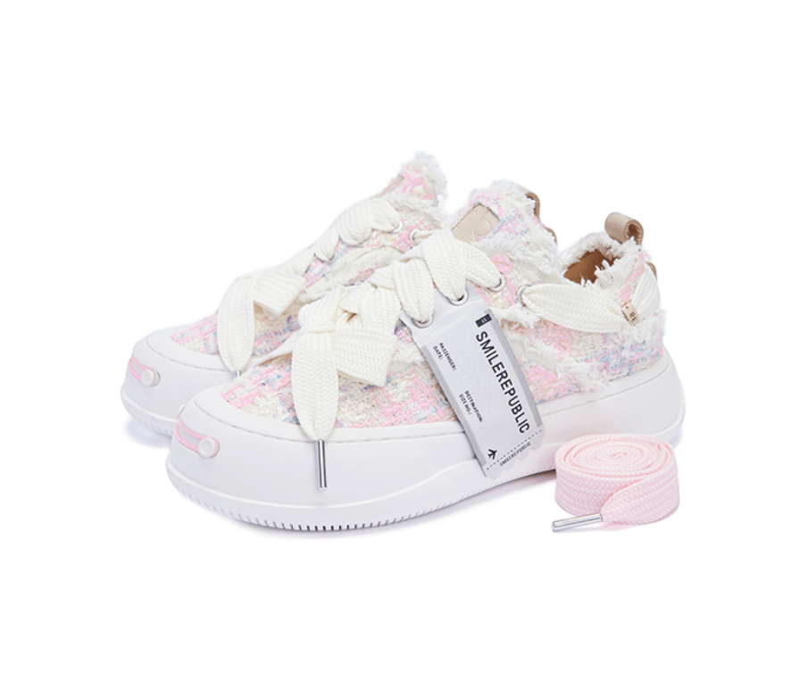 SMILEREPUBLIC Blue and Pink Low - top Interchangeable Open - mouthed Tweed Platform Shoes | MADAX