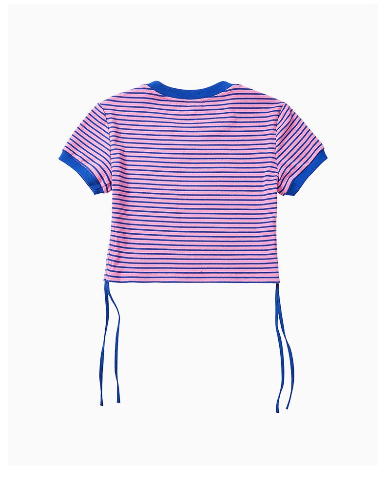 CHARLIE LUCIANO Blue and Pink Striped Patch Logo Short - Sleeved T - Shirt | MADA IN CHINA