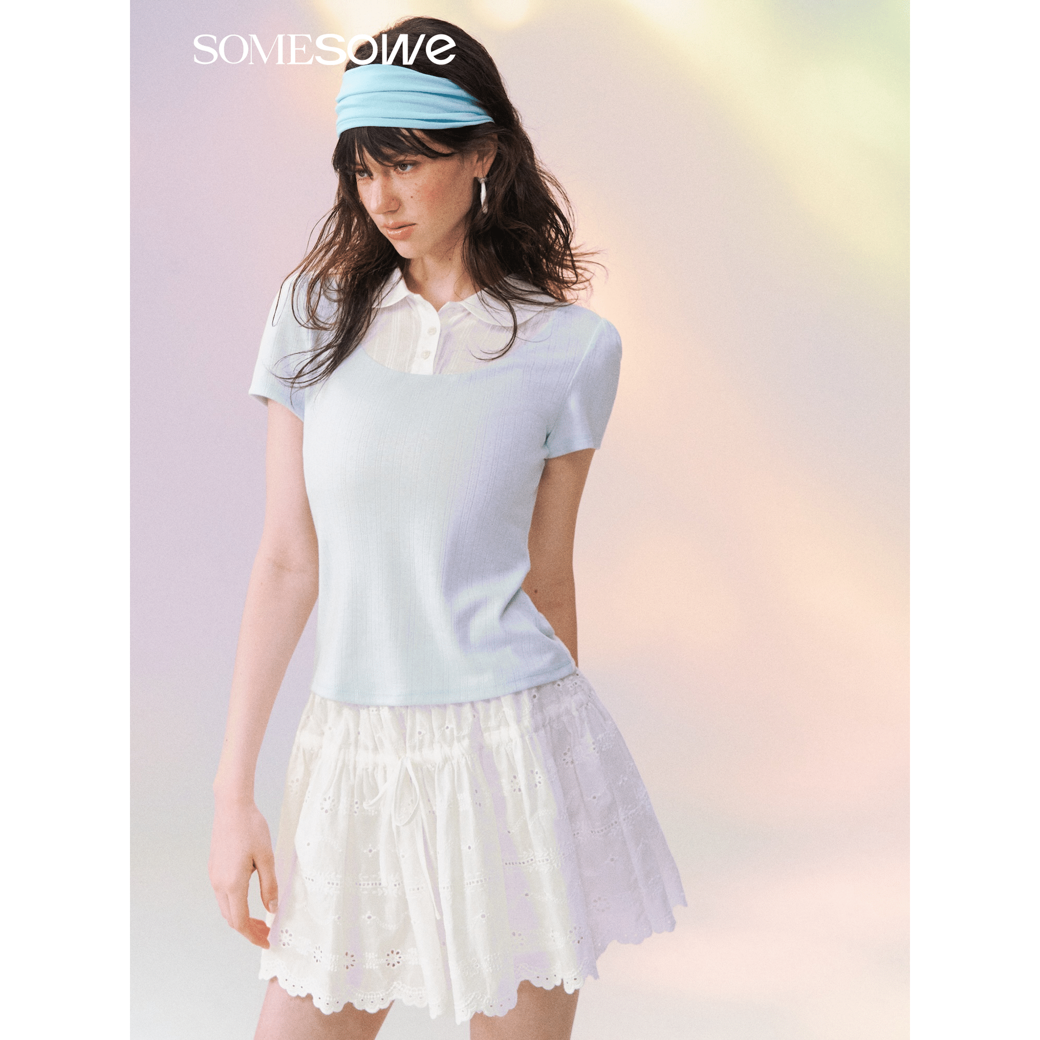 SOMESOWE Blue and White Faux Two-piece Peter Pan Collar Short-sleeved T-shirt | MADAX