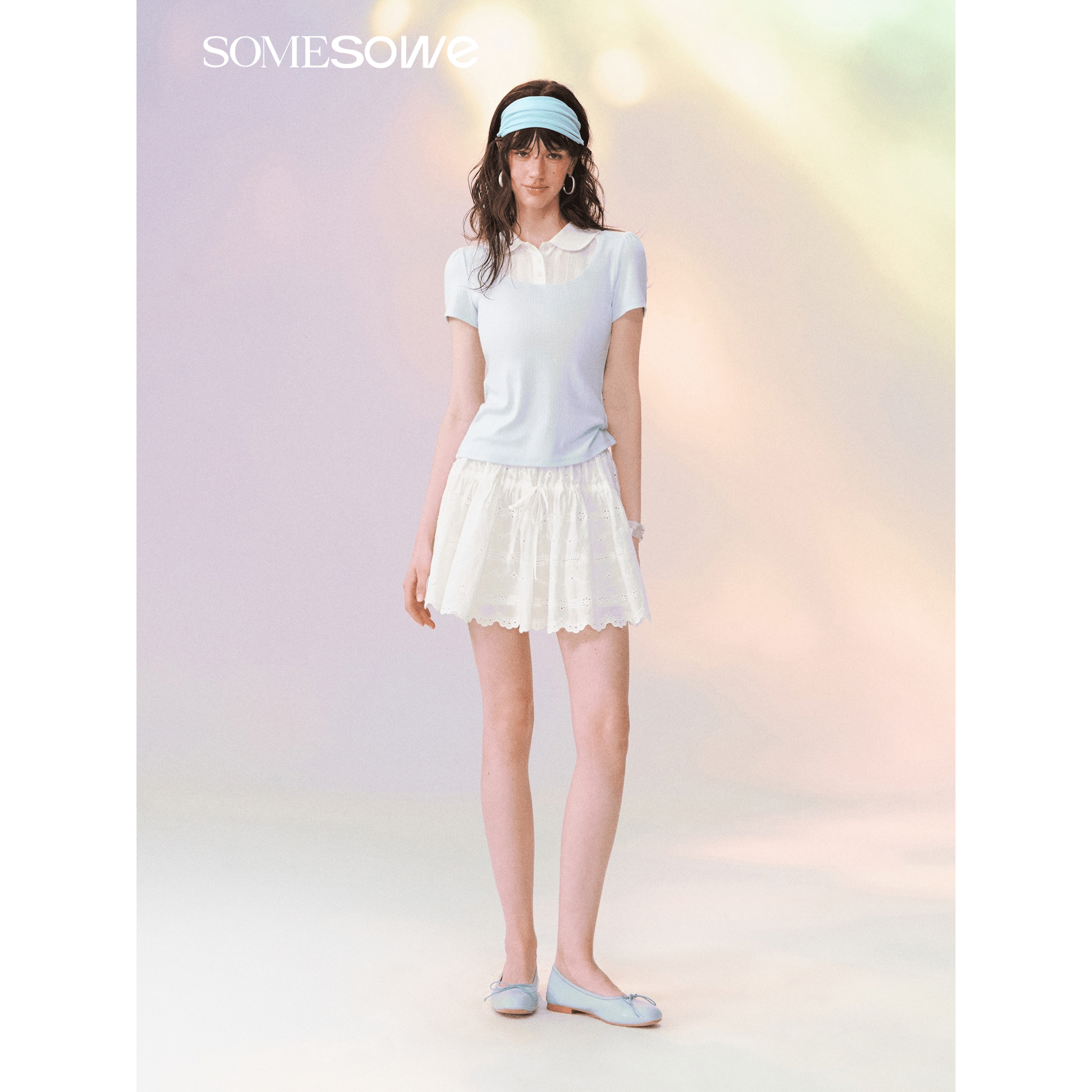 SOMESOWE Blue and White Faux Two-piece Peter Pan Collar Short-sleeved T-shirt | MADAX